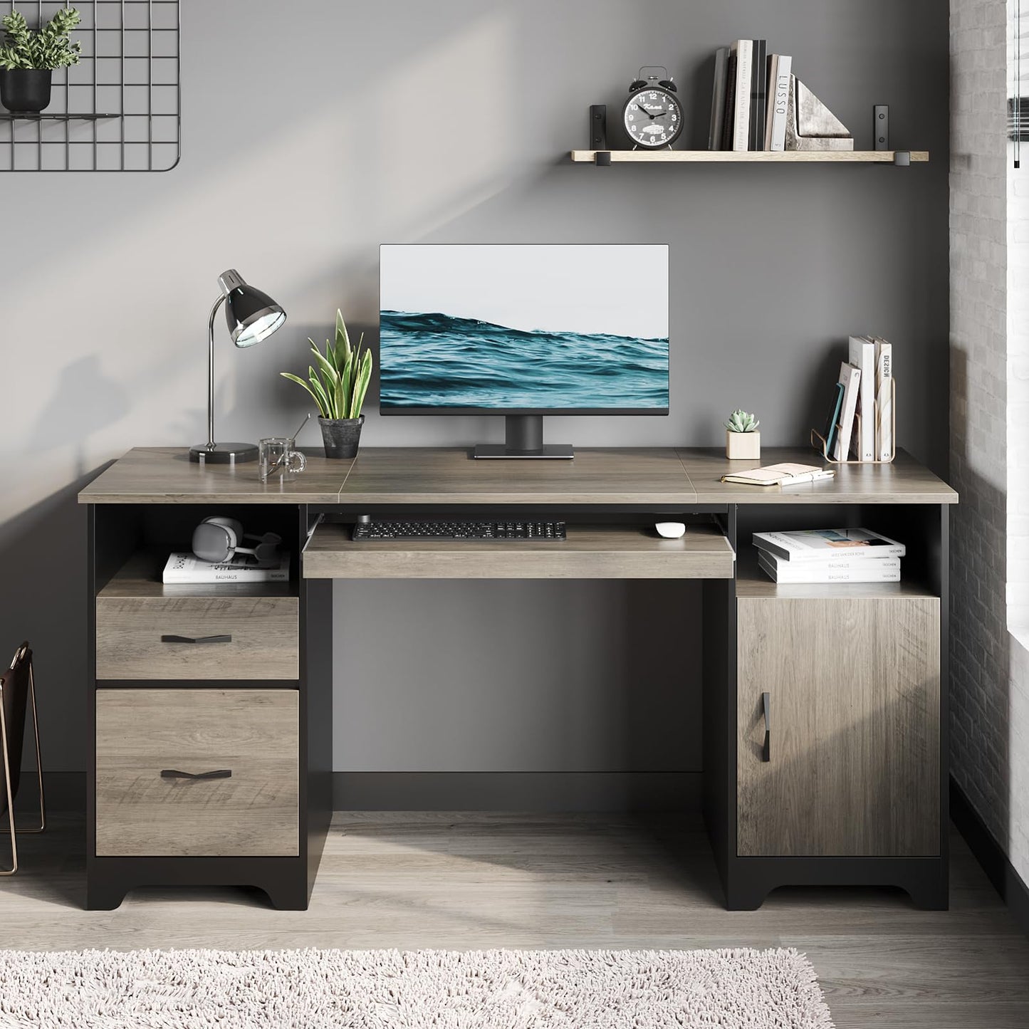 Bestier 59”Executive Desk with 2 Drawers,Computer Desk with Storage Cabinet,Industrial Wood Desk with File Drawer,Keyboard Tray & 2 Pedestals for Home Office & Studio,Gray