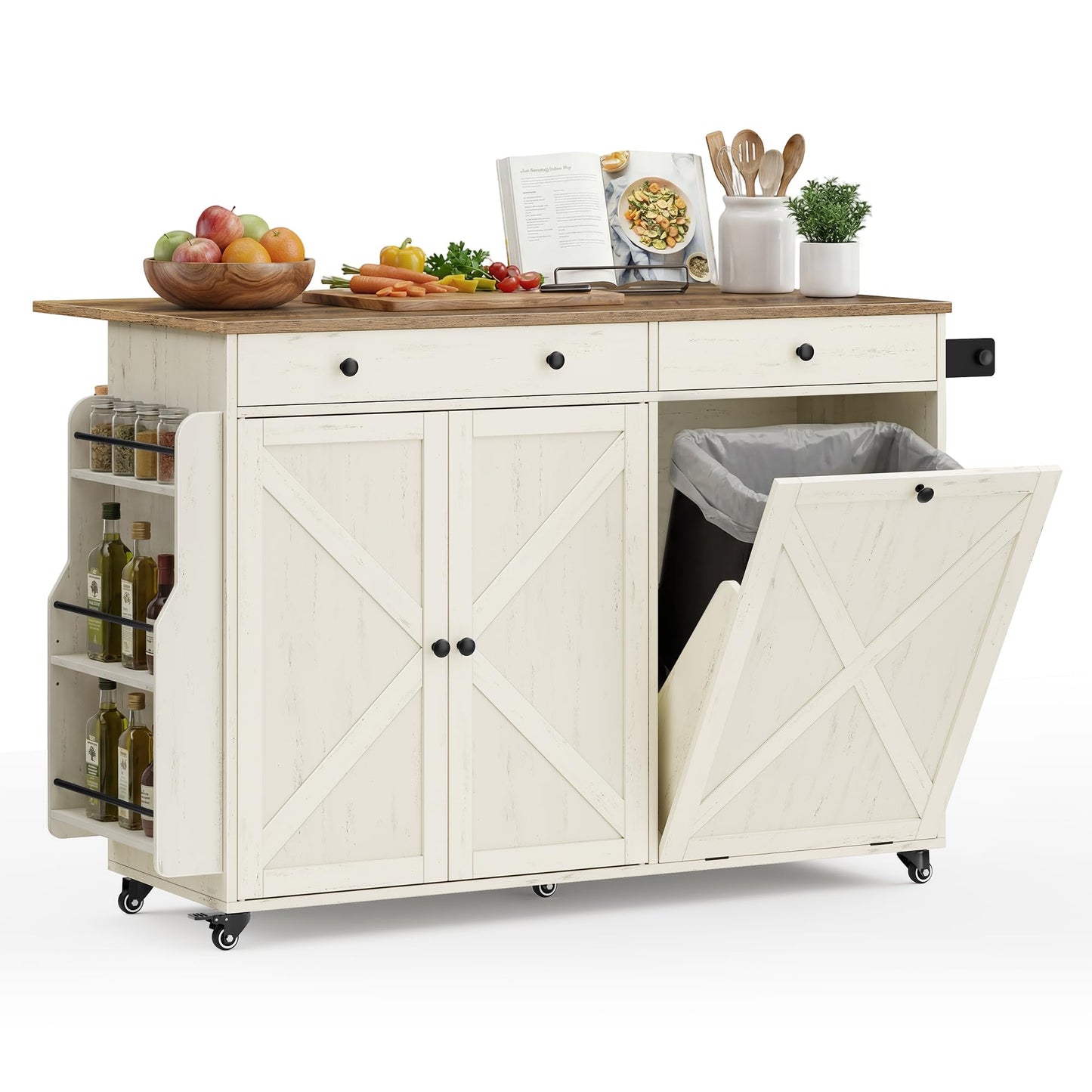 VASAGLE Mobile Kitchen Island with Trash Can Storage, Drop Leaf, Portable Island with Spice Rack, Mobile Cart with Storage Cabinet, for Dining Room, Rustic White and Honey Brown UKKI014WJ01S
