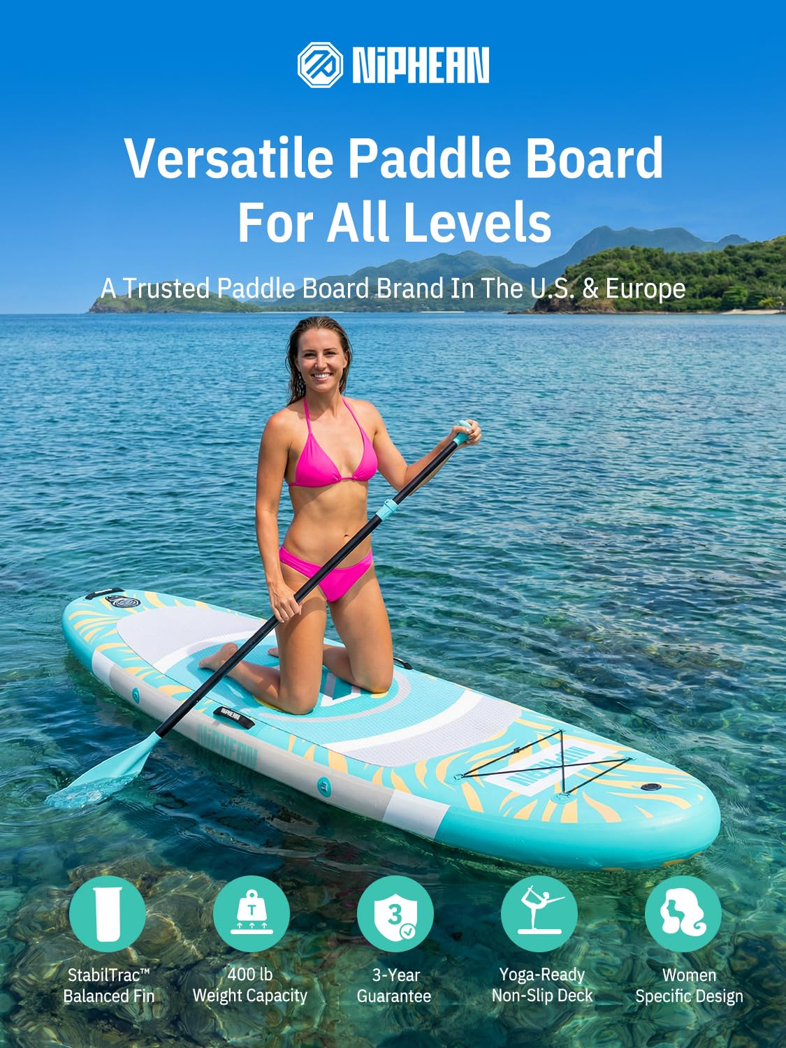 Niphean（Ultra-Light） Inflatable Paddle Board with StabilTrac Fin and Durable SUP Accessories, 10' Stand Up Paddle Boards for Adults & Youth, Versatile Yoga Paddle Board, Gift Ideas-Tidal Mint