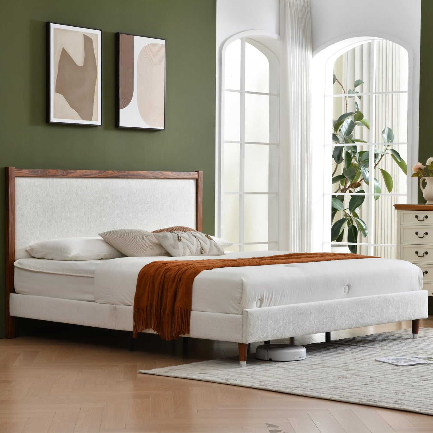 YUHUASHI King Upholstered Platform Bed Frame with Solid Wood Trim Headboard, Linen Fabric Upholstery, Sturdy Slat Support No Box Spring Needed, Easy Assembly (Cream, King (U.S. Standard))