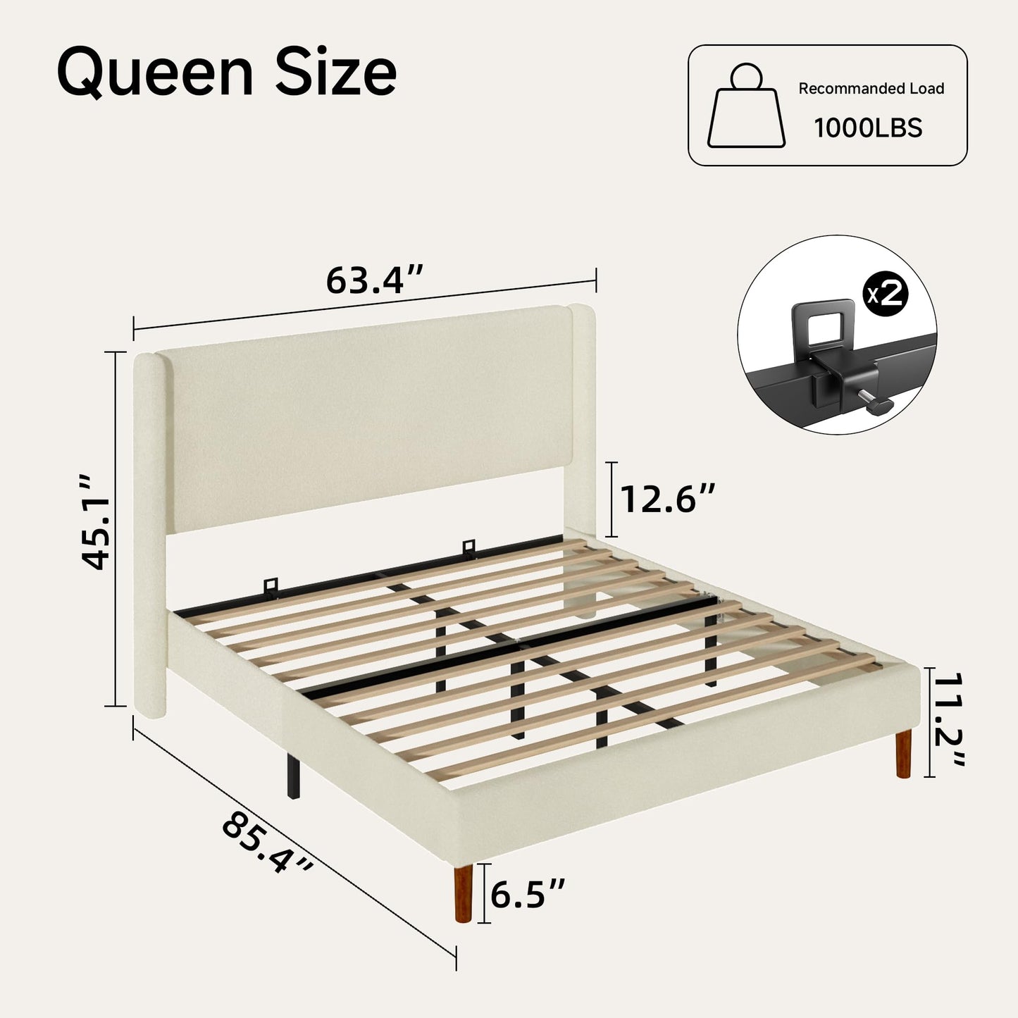Mxhtcewz Queen Boucle Bed Frame, Platform Bed with Upholstered Wingback Headboard, Strong Wooden Slats Support, Noise-Free, Easy Assembly, No Box Spring Needed, Beige