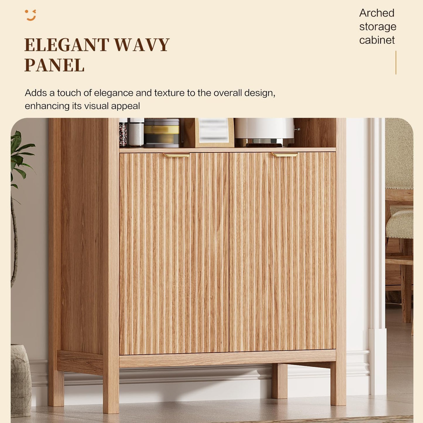 Ieejdn 71" Tall Arched Kitchen Pantry,Modern Fluted Wood Storage Cabinet with Doors,Adjustable Shelves,Organizer, Versatile Cupboard for Kitchen,Living Room,Dining Room,Bathroom,Wood
