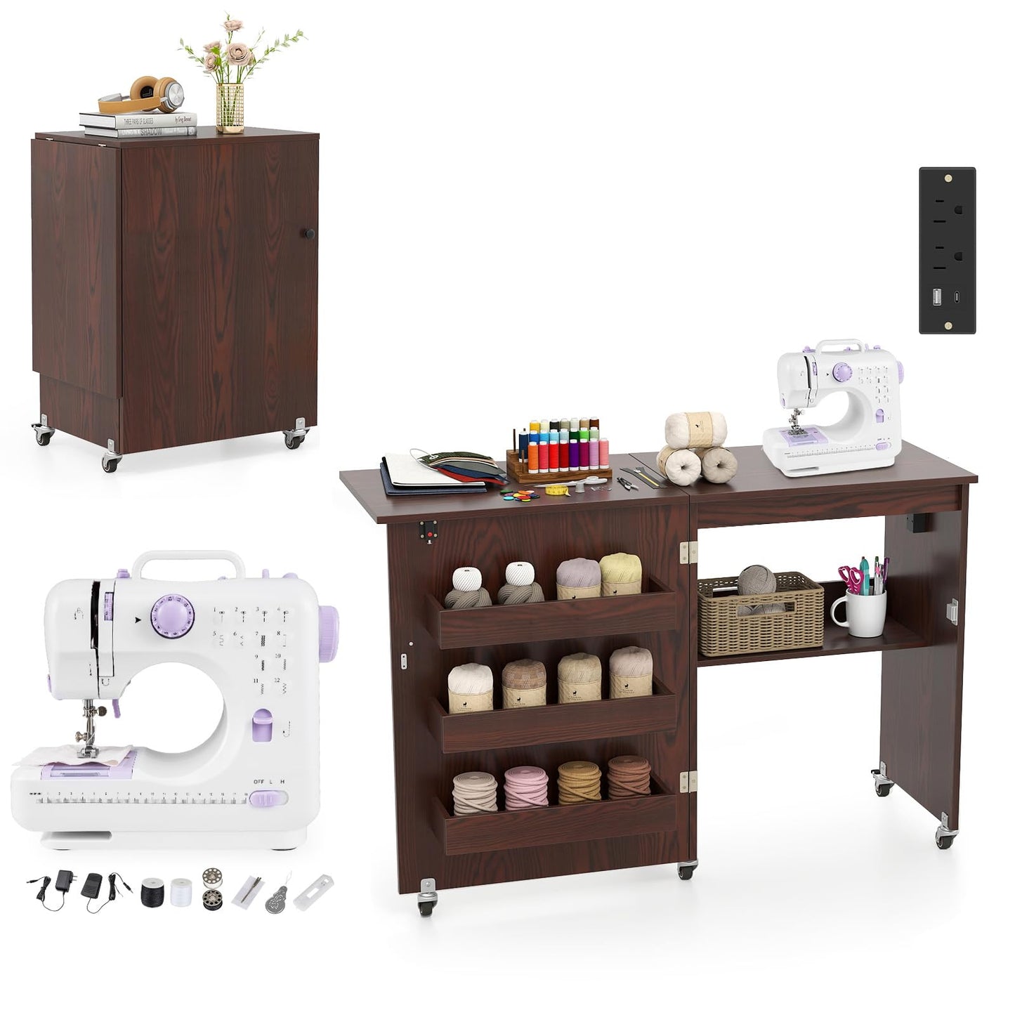 COSTWAY Folding Sewing Table with Portable Sewing Machine, 3 in 1 Drop Leaf Craft Table, Rolling Sewing Machine Desk with Charging Station, 3 Trays, Lower Shelf, 5 Universal Casters (Brown)