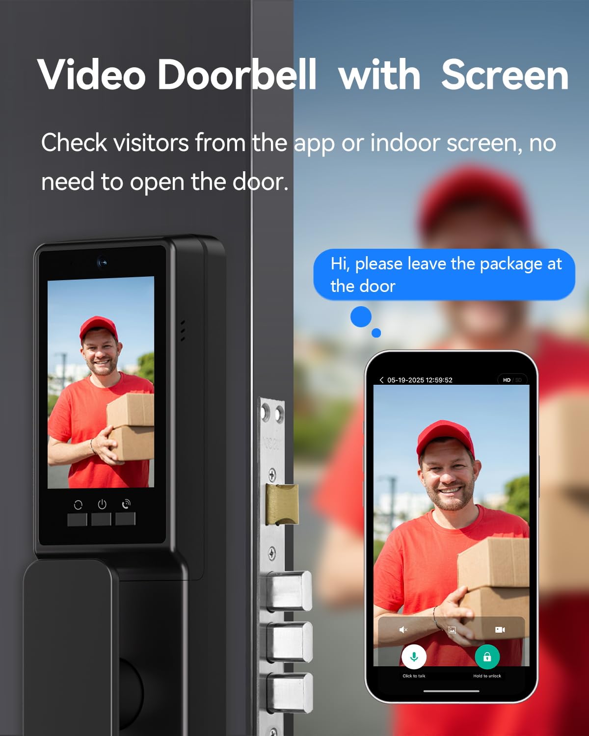 Jacchozhi 3D Face Recognition Smart Lock with Dual Cameras, 2-Way Video, Doorbell, 4" IPS Screen, Night Vision, Tamper Alarm, IP65 Waterproof, WiFi Keyless Entry Mortise Lock for Front Door
