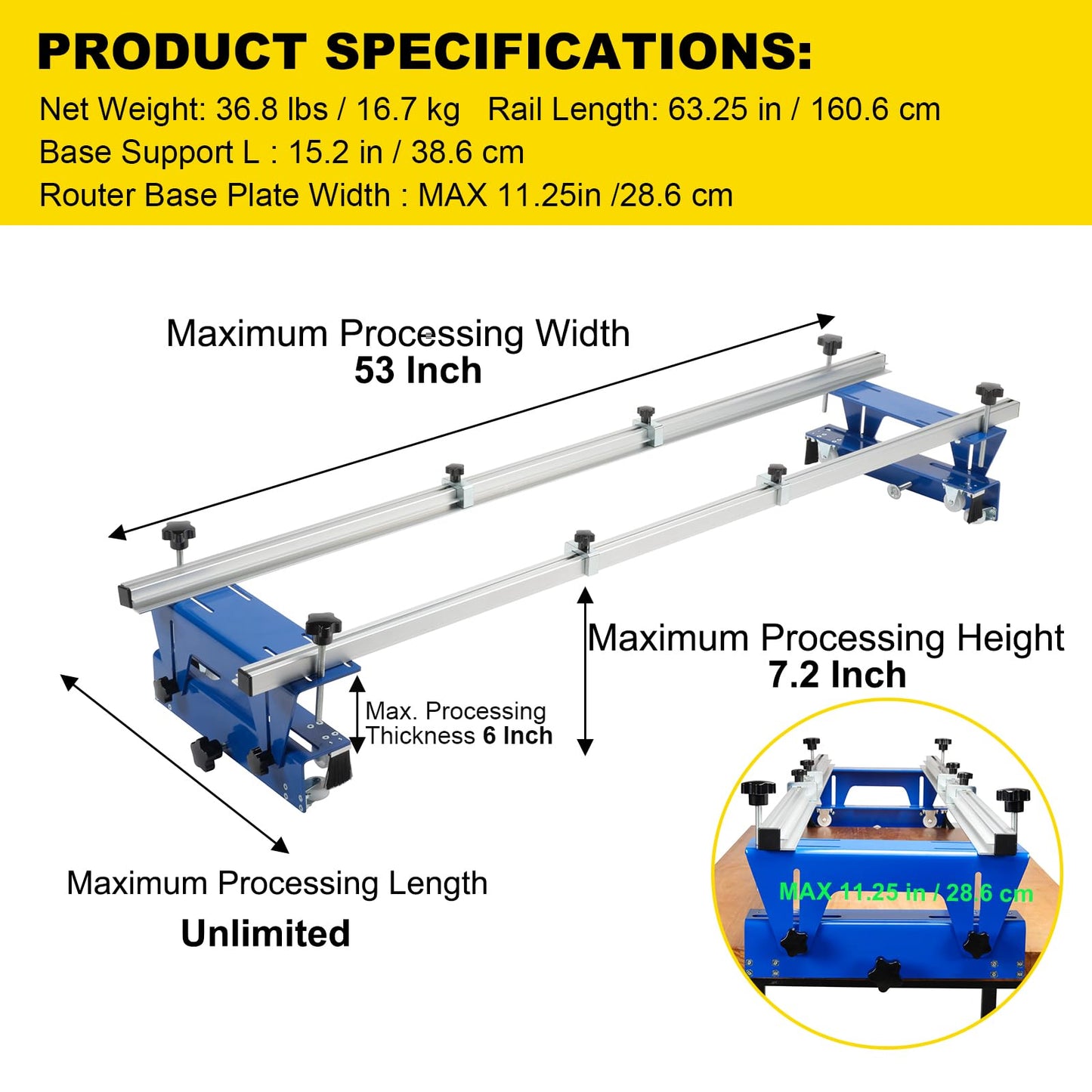 ONECHOI Router Sled, 64 Inches, Trimming Planing Machine for Woodworking for Slabs, XYZ Axis Adjustable, Slab Flattening Jig w/Adjustable Knob, Slab Flattening Mil, Great for Home Improvement Projects
