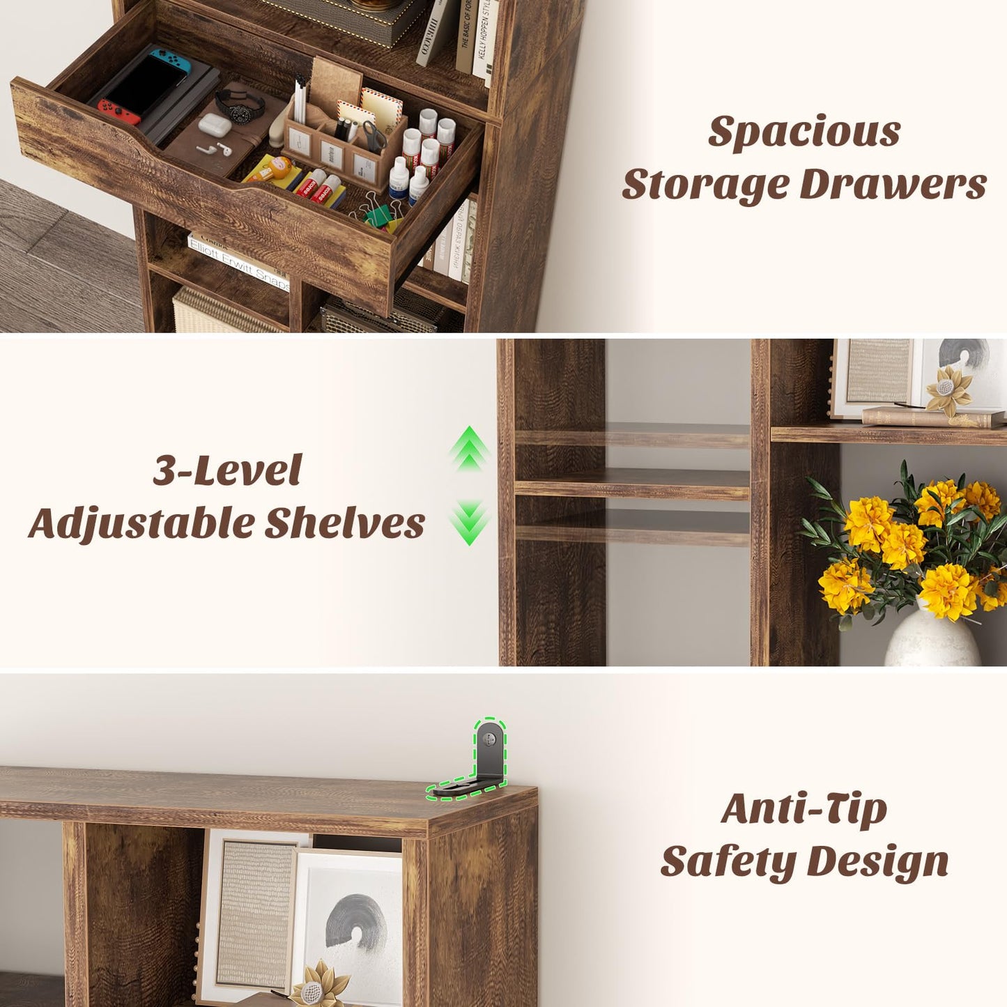Armocity 8-Tier Tall Bookshelf with Drawer, 73.6" Narrow Freestanding Bookcase, Space-Saving Wood Display Shelves Storage for Living Room, Home Office Bedroom, Rustic Brown