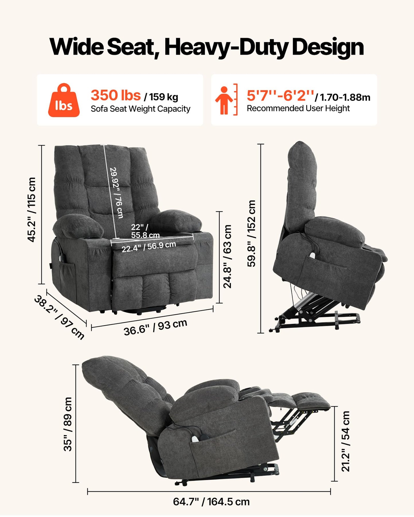 VEVOR Large Power Lift Recliner Chairs, Lift Chair with Heat and Massage for Elderly, Position Adjustable, with Side Pockets, Cup Holders and USB Port, Chenille Fabric, Dark Gray