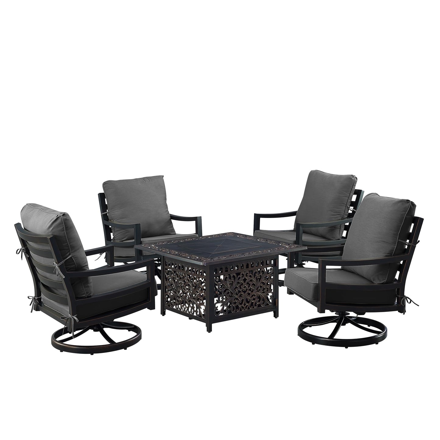 Oakland Living Black Aluminum Patio Fire Table Set with Four Club Chairs with Black Cushions