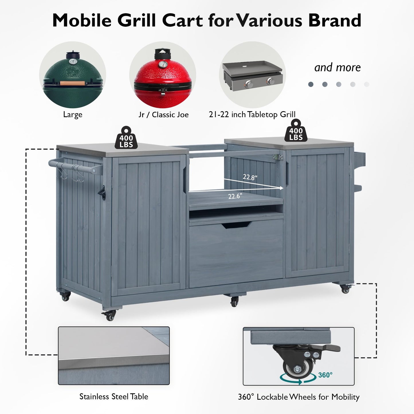Trygoal 66.5" Outdoor Kitchen Island for Big Green Egg & Kamado Joe - 1380 sq in Heavy Duty Grill Cart with Stainless Steel Top - Solid Wood Rolling BBQ Prep Station with 6 Wheels & Storage, Grey Blue
