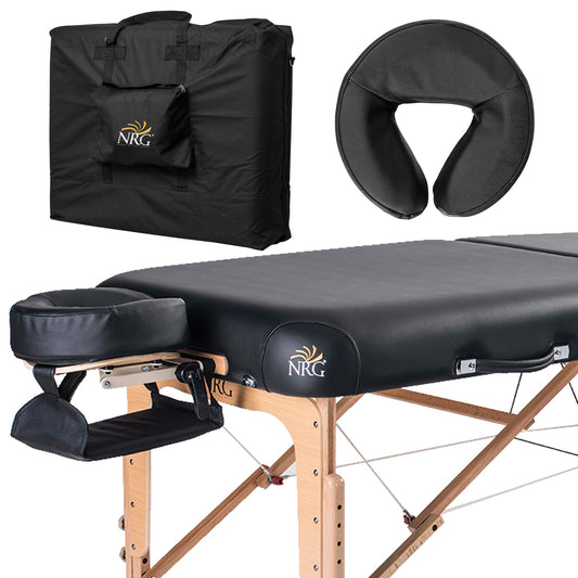 NRG Vedalux Portable Massage Table Package | Black | Folding Lightweight Massage Bed | Professional Spa Table with Face Cradle, Hanging Armrest & Carrying Case
