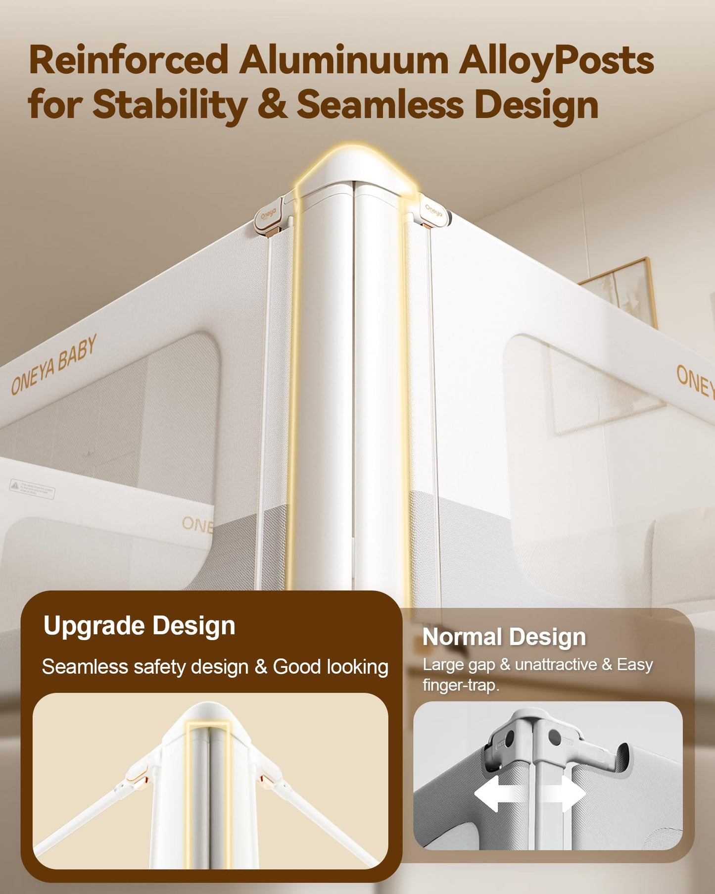 ONEYA BABY 3 Pack Bed Rail for Toddlers with Height Adjustable for Queen Size Bed, White/Grey,78.7x78.7x60 Inches