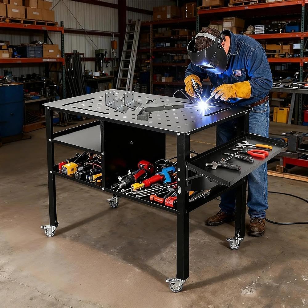Portable Welding Table with Foldable Side Panels, Mobile Workbench Cart with Wheels for Factory, Garage & Welding Applications，Black,34'L × 24'W × 33.5'H