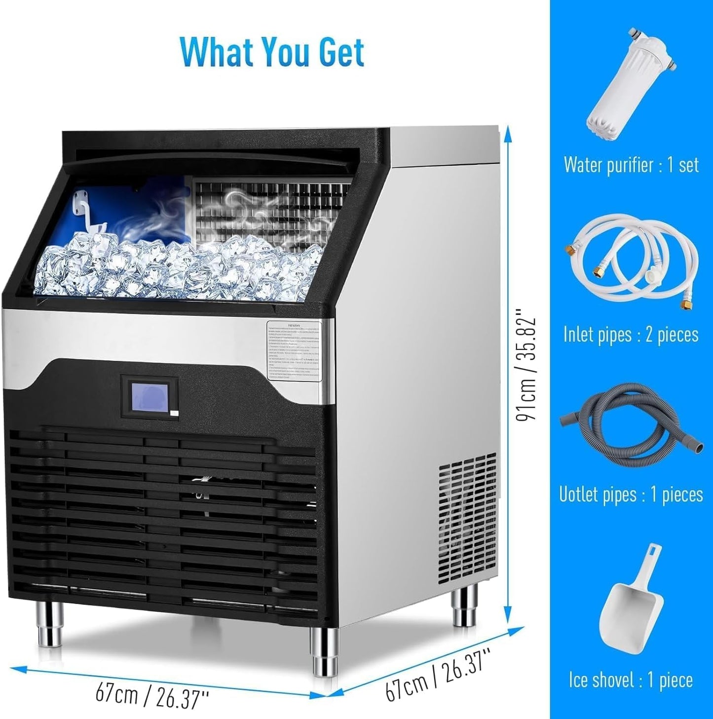 Commercial Ice Maker Machine, 260LBS/24h Stainless Steel Under Counter Ice Machine with 150LBS Ice Storage Capacity Freestanding Ice Machine
