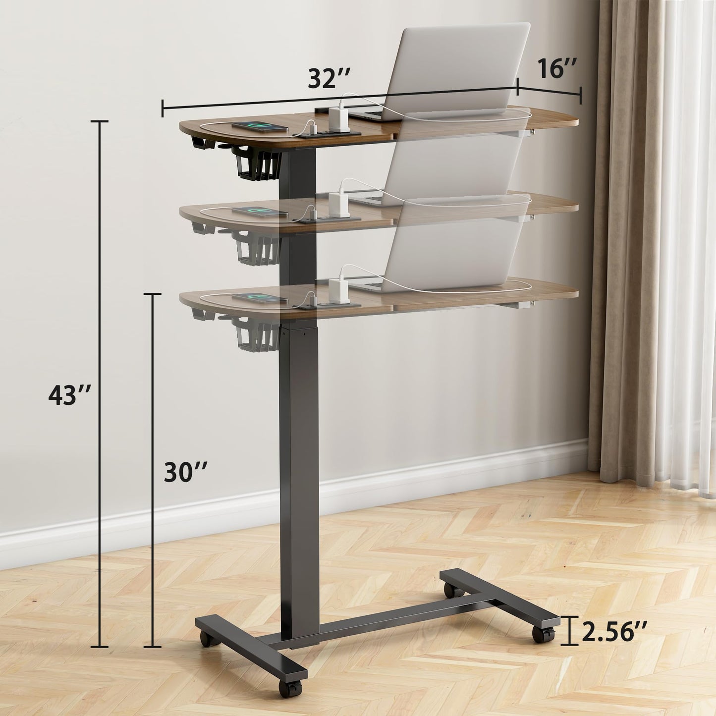 6 In 1 Overbed Table, 32'' Long Hospital Bed Table, Bedside Table (Walnut)