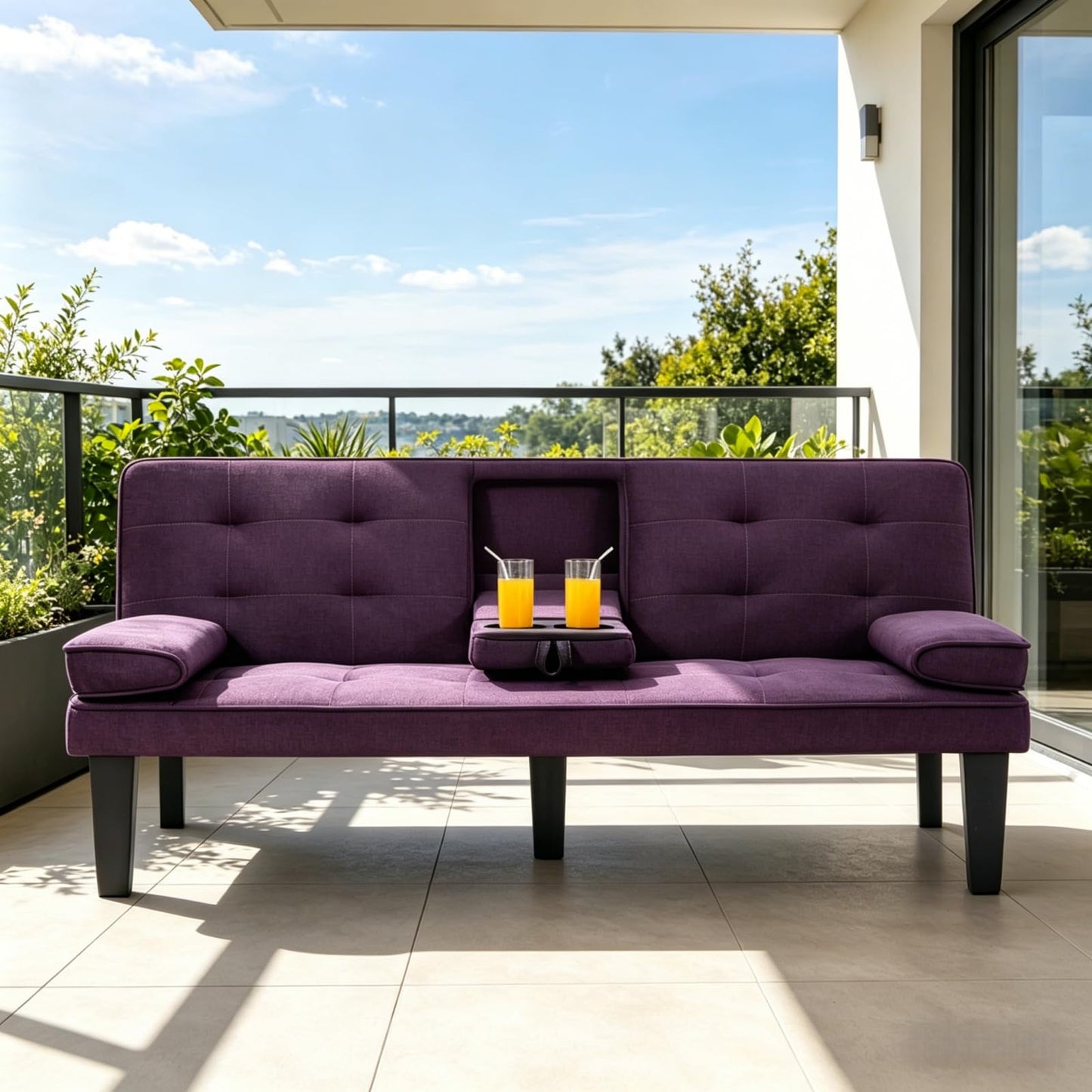 Trygoal Linen Futon Sofa Bed, Small Futon Couch Bed with Adjustable Armrest and Tufted Back, Convertible Sofa Beds with Adjustable Backreat for Small Spaces, Living Room, Apartment, Purple