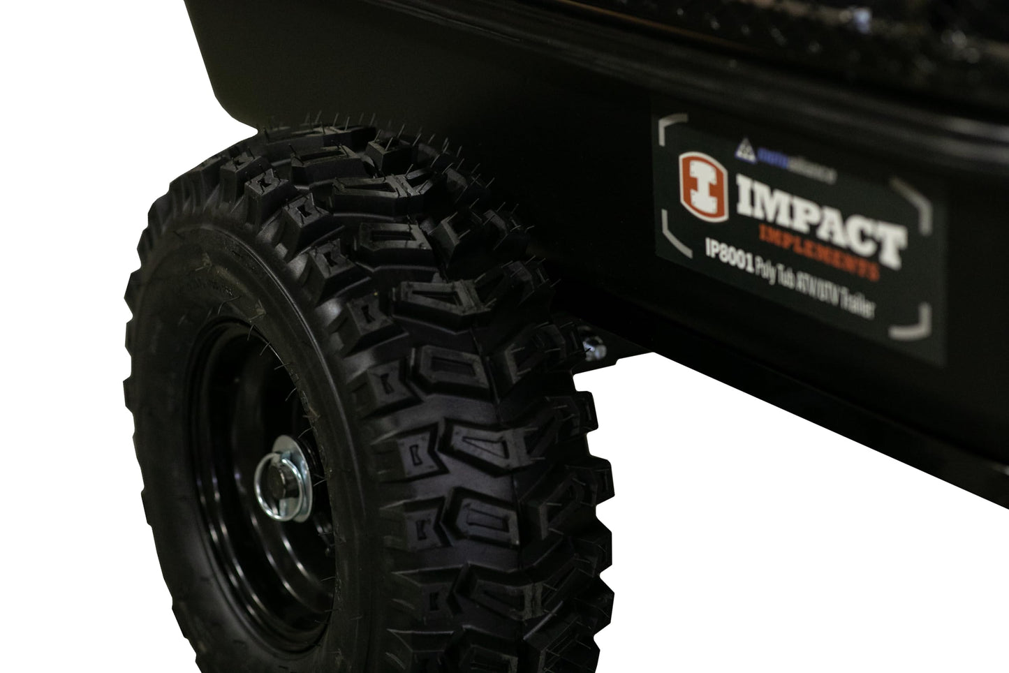 IMPACT IMPLEMENTS® 1500lb Poly Tub Agricultural Trailer from USA Outdoors Company. Includes Optional 2" Coupler, 18" x 8" Tires, and Pivoting Feature.