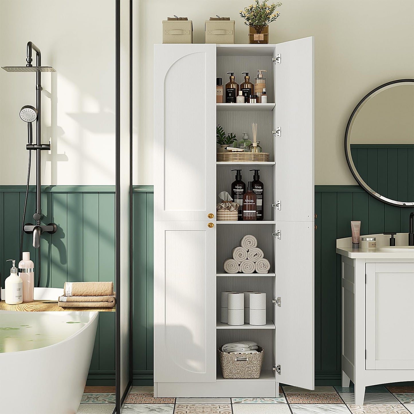 Cyclysio 80" Kitchen Pantry, Extra Tall Arch Storage Cabinet with 4 Soft Close Doors and Adjustable Shelves, Freestanding Wood Cupboard with Seamless Fit Wall for Dining Living Room Bathroom Furniture