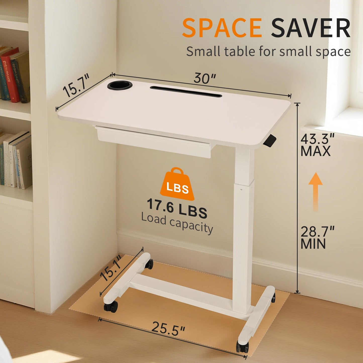 yaaqoo Height Adjustable Overbed Table with Drawer and Wheels, Rolling Standing Laptop Desk, Portable Bedside Tables with Slot, Cup Holder, Mobile Pneumatic Computer Cart, White