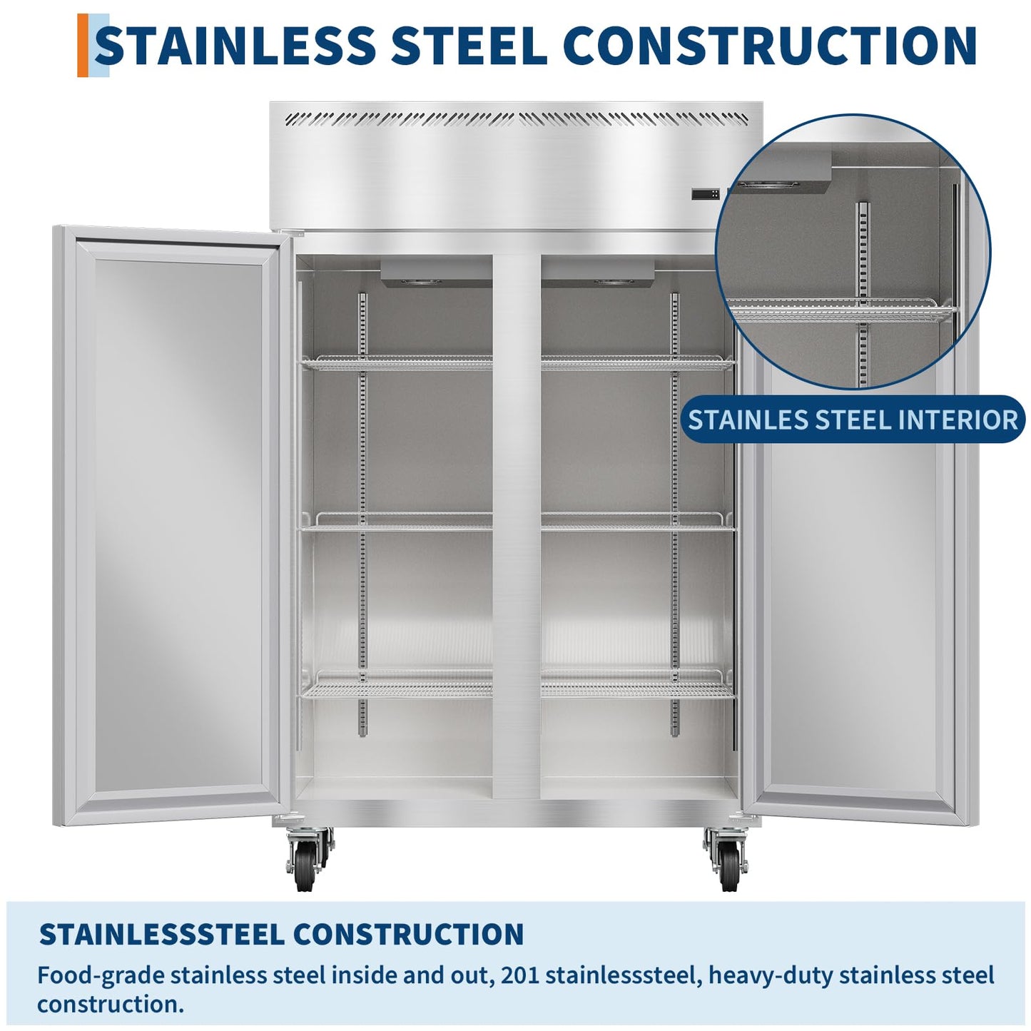 48" Commercial Upright Freezer, 36 Cu.Ft Stainless Steel - 2 Door Beverage Freezer with Auto Defrost, Fan Cooling, 6 Adjustable Shelves, Ideal for Restaurant, Bar, Shop