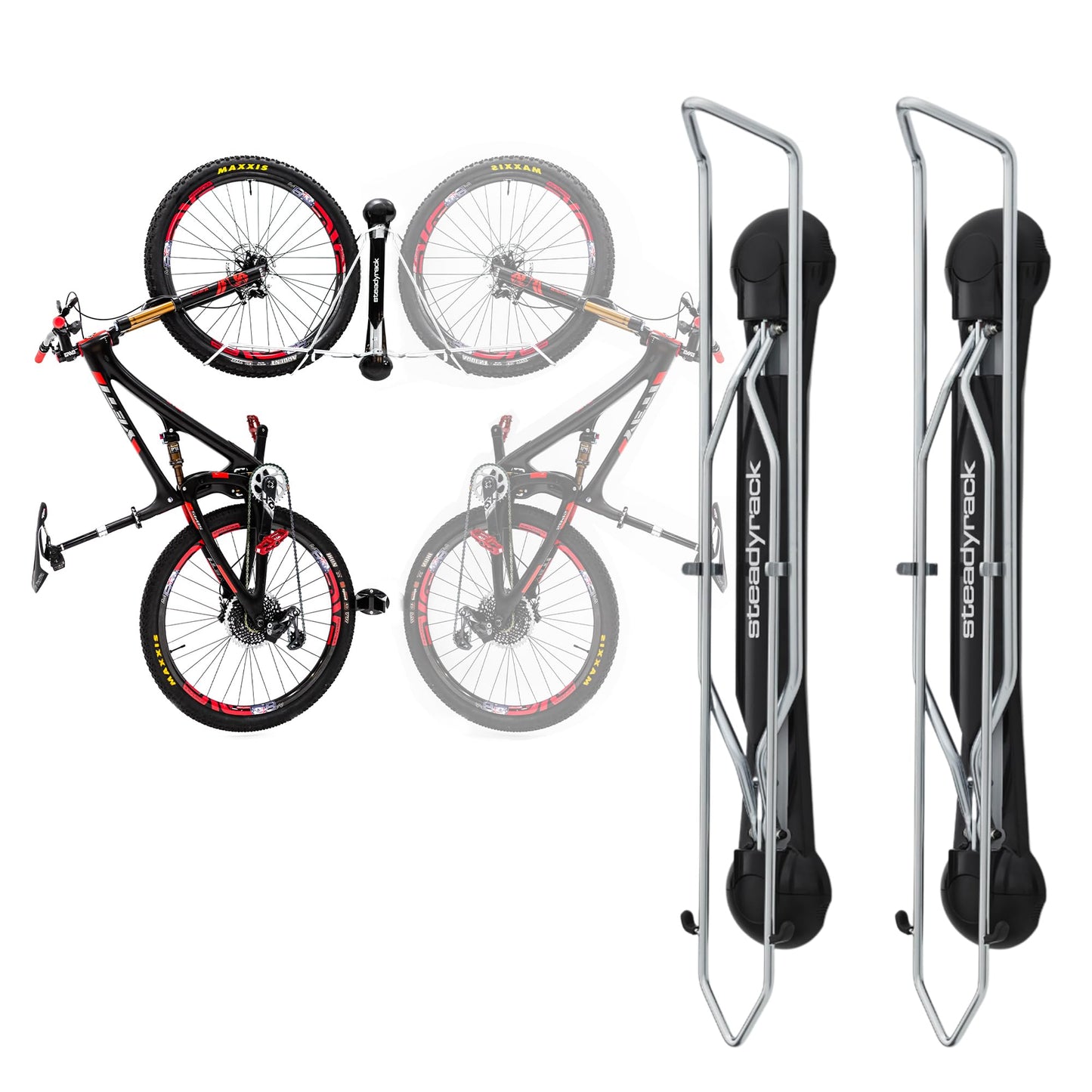 Steadyrack Bike Rack – Pivoting Mountain Bike Rack, Holds Up to 77 lbs, Fits 24"-29" Wheels, 2.1"-2.8" Tires, Foldable Wall Mount for Space-Saving Bicycle Storage - 2 Pack