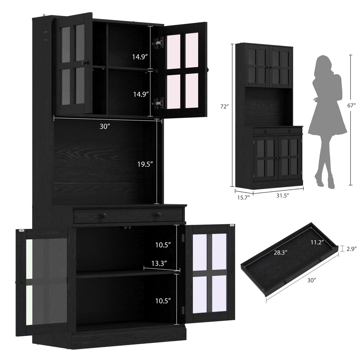 Garvee 72 Inch Kitchen Pantry Cabinet with Glass Doors, Drawer and Adjustable Shelves, Farmhouse Tall Storage Cabinet with Open Countertop, Coffee Bar Cabinet for Coffee Corner, Black