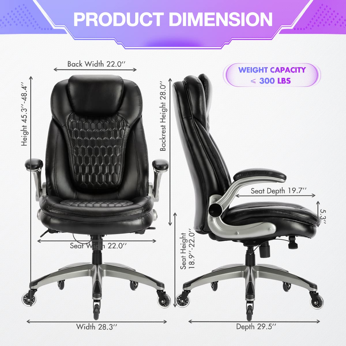 Ergonomic Executive Office Chair, High Back Leather Desk Chair with Flip-up Arms and Adjustable Height, Swivel Rolling Computer Chair with Heavy Duty Metal Base,300lbs,Black for Home Office or Study