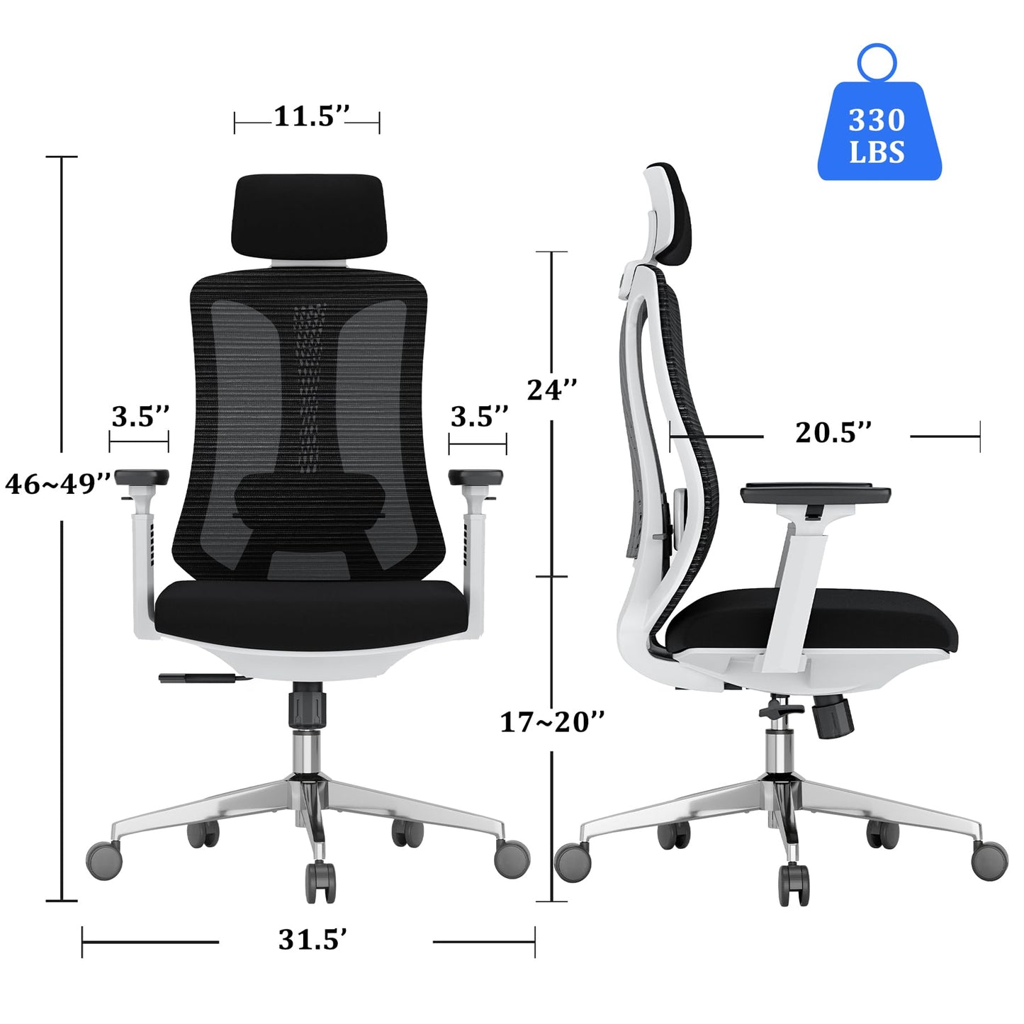 Logicfox Ergonomic Mesh Office Chair, Computer Desk Chair with 3D Armrests, Adjustable Lumbar Cushion and Adjustable Headrest, White High Back Home Office Chair with Tilt Function, Computer Chair