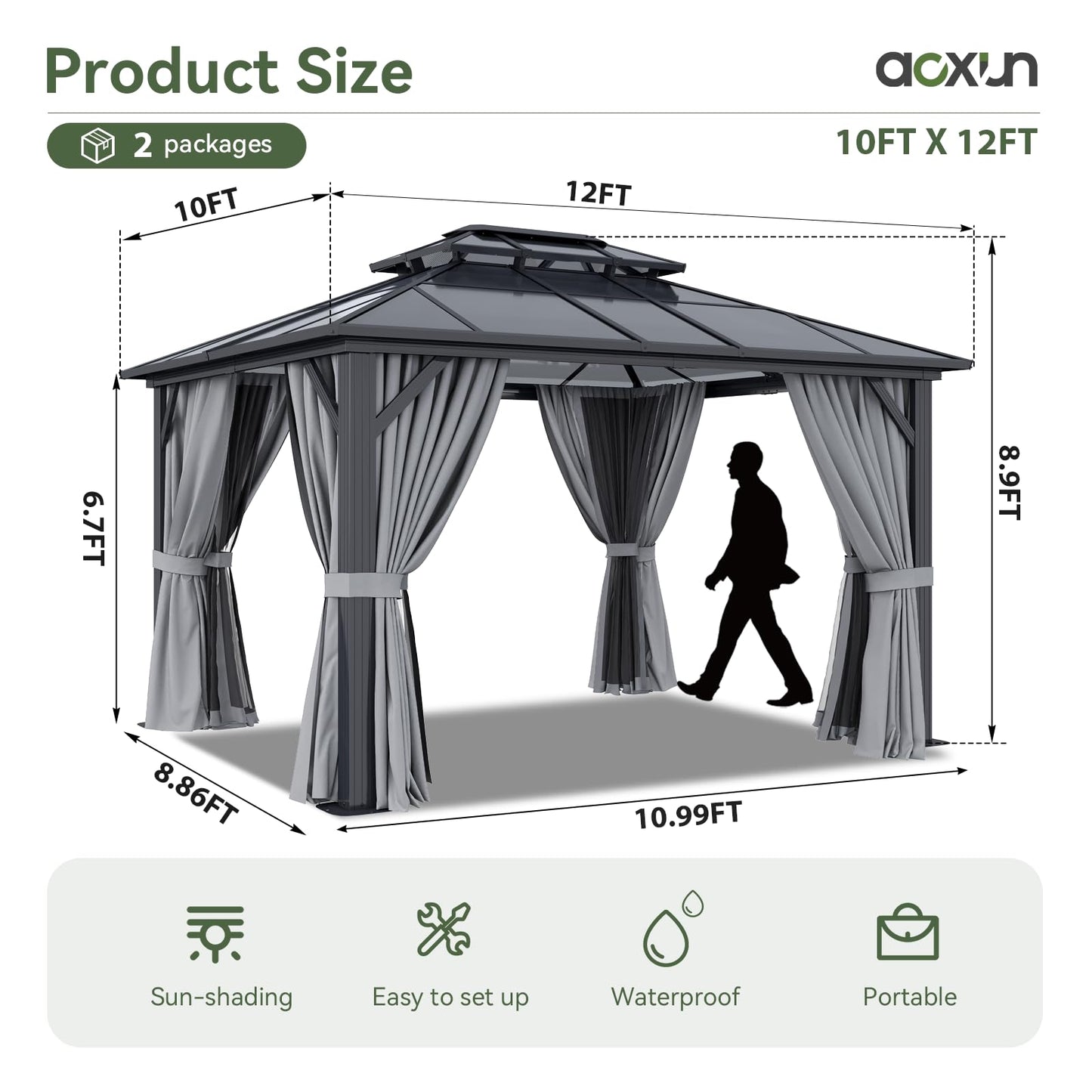 Aoxun 10'x12' Hardtop Gazebo, Aluminum Frame Permanent Pavilion with Curtains and Netting, Outdoor Polycarbonate Double Roof Canopy for Garden, Lawns, Patio