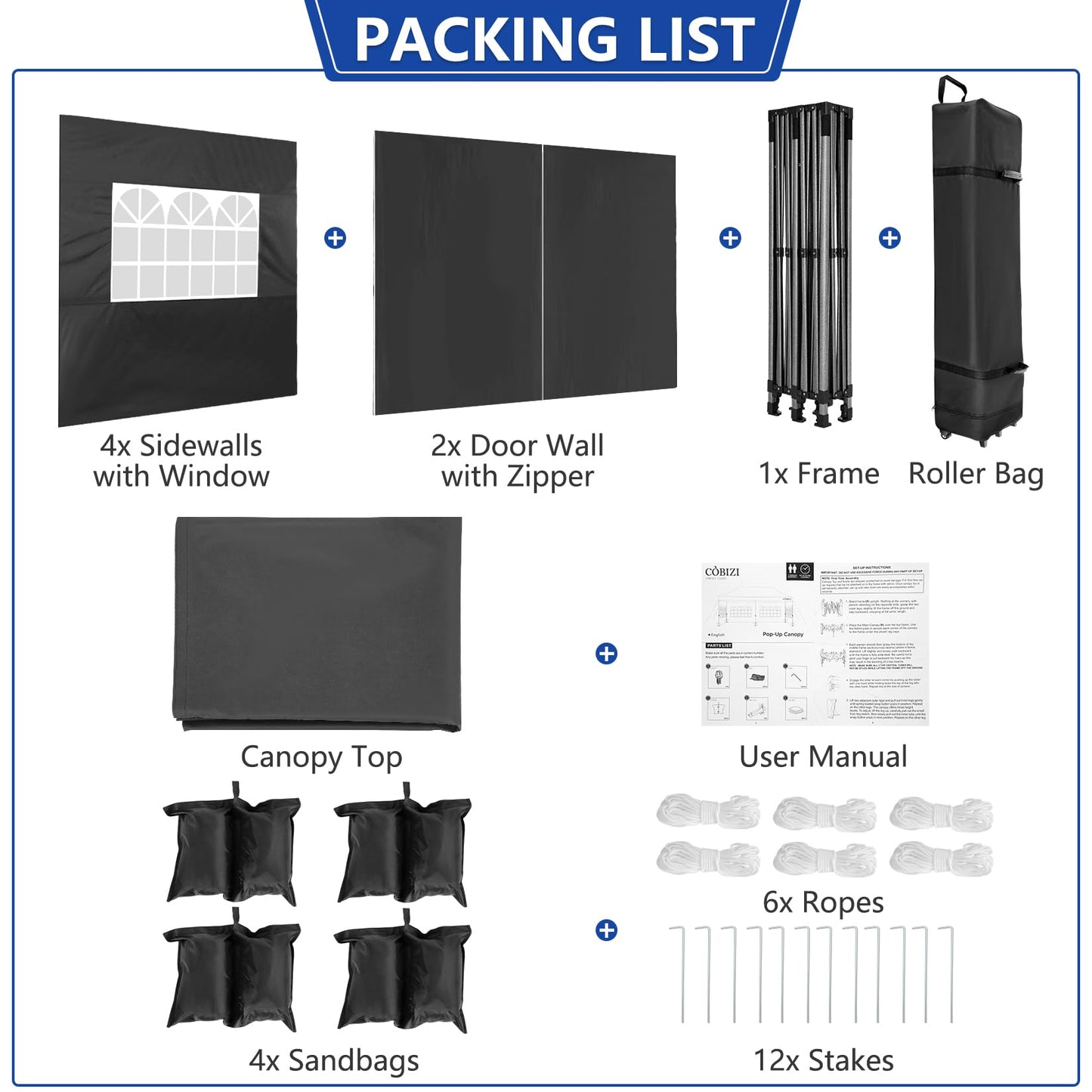 COBIZI 10x20 Pop up Canopy Tent Heavy Duty with 6 Sidewalls, Easy Set-up Commercial Outdoor Party Tents, 100% Waterproof Wedding Gazebo, 3 Height Adjustable with Wheeled Bag, Jet Black