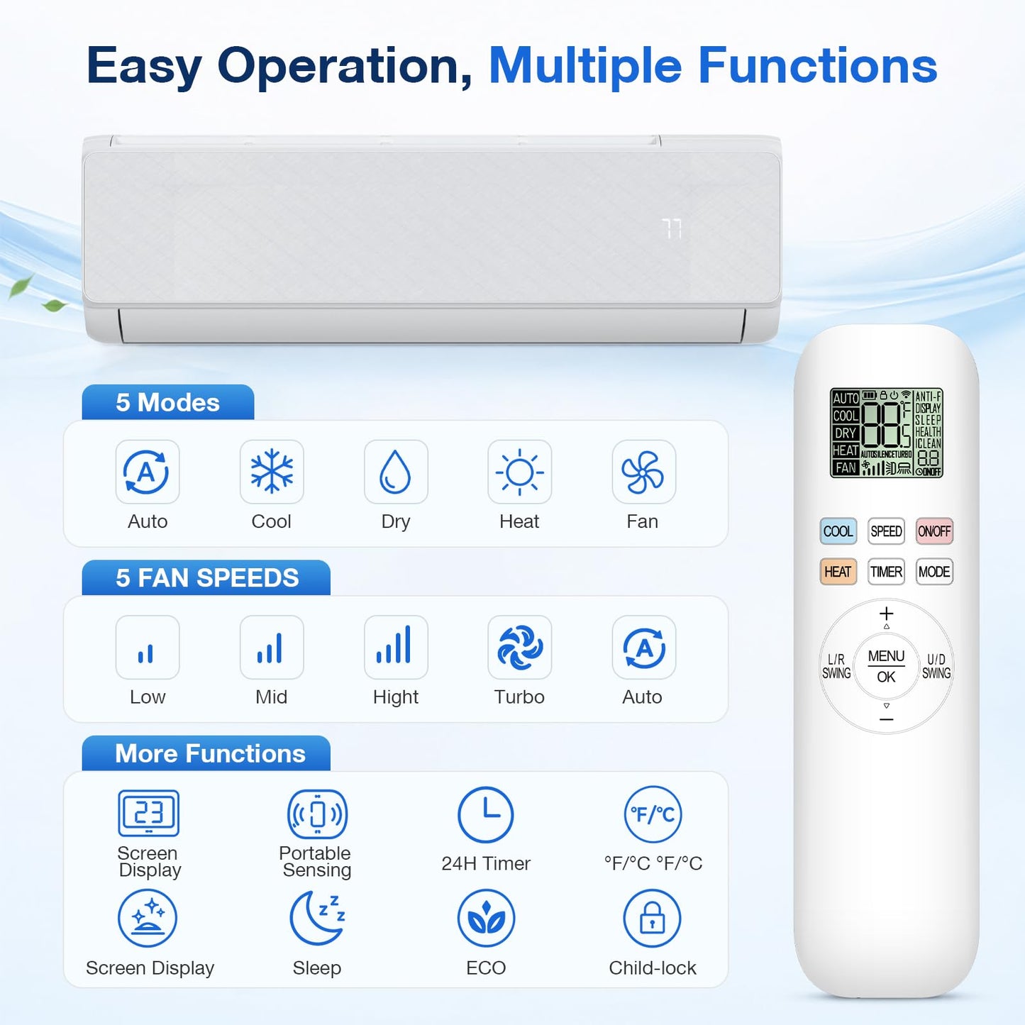 Antarctic Star 24000BTU Mini Split AC/Heating System, Inverter Ductless, 19 SEER2 230V Mini Split Air Conditioner with Heat Pump, Compatible with Alexa, Energy Efficient Split Unit, White
