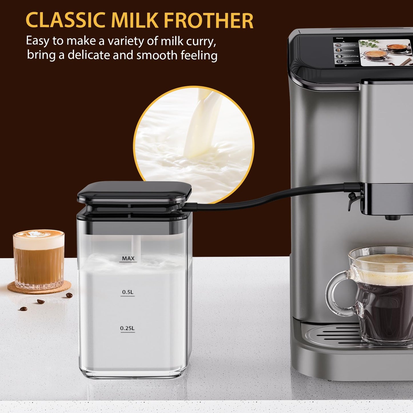 Super Automatic Espresso Machine & Coffee Maker, 20Bar Pressure, Built-in Conical Burr Grinder & Milk Frother, 6 One-Touch Recipes, Auto Clean, 1.5l Water Tank, for Home Office, 120v, Grey