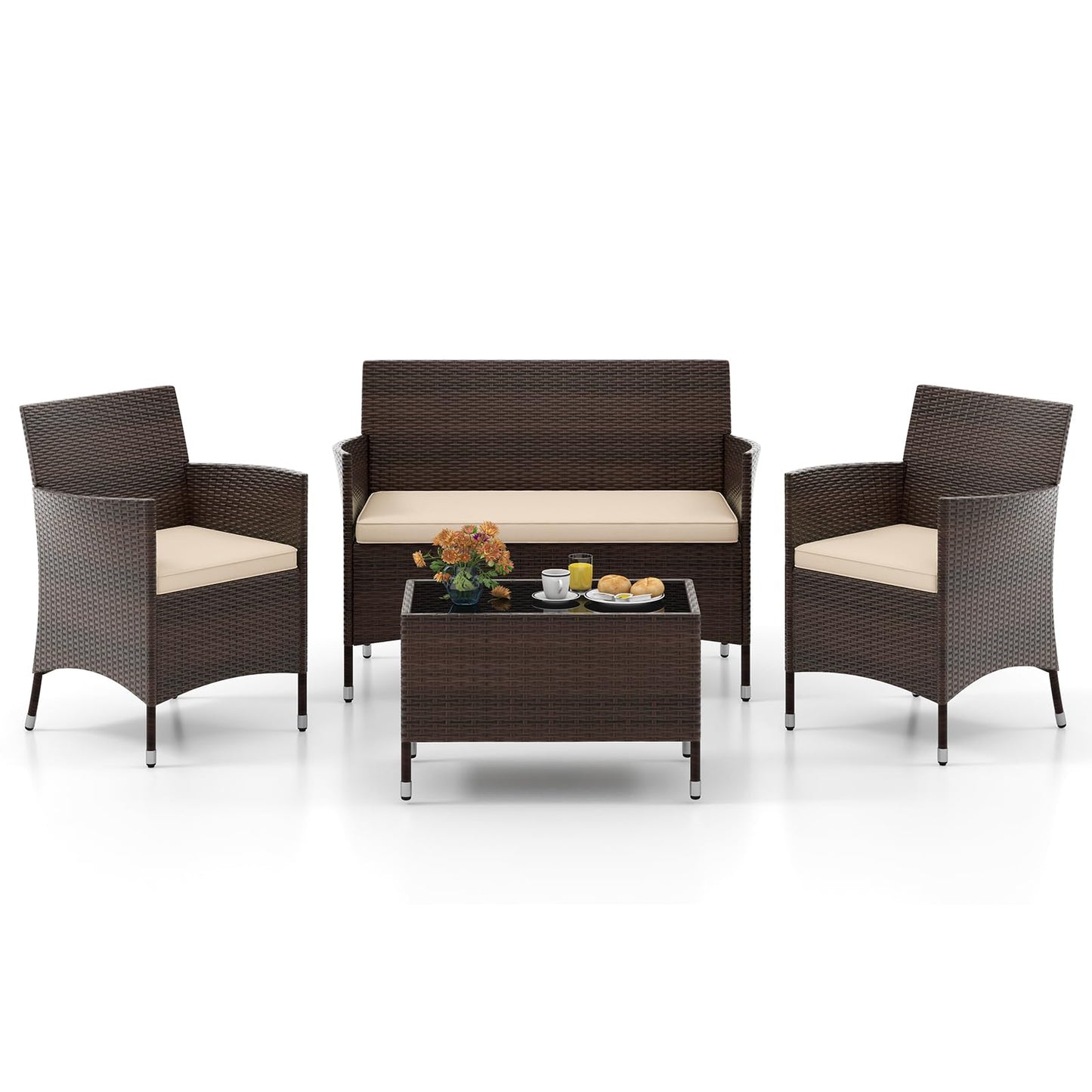 Tangkula 4-PCS Patio Rattan Conversation Set, Outdoor Wicker Furniture Set with Tempered Glass Coffee Table &Thick Cushion, Rattan Chair Wicker Set for Garden, Lawn, Poolside and Backyard (1, Brown)