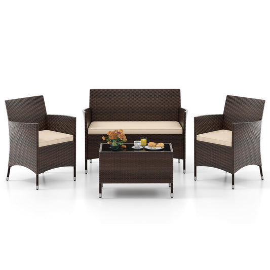 Tangkula 4-PCS Patio Rattan Conversation Set, Outdoor Wicker Furniture Set with Tempered Glass Coffee Table &Thick Cushion, Rattan Chair Wicker Set for Garden, Lawn, Poolside and Backyard (1, Brown)