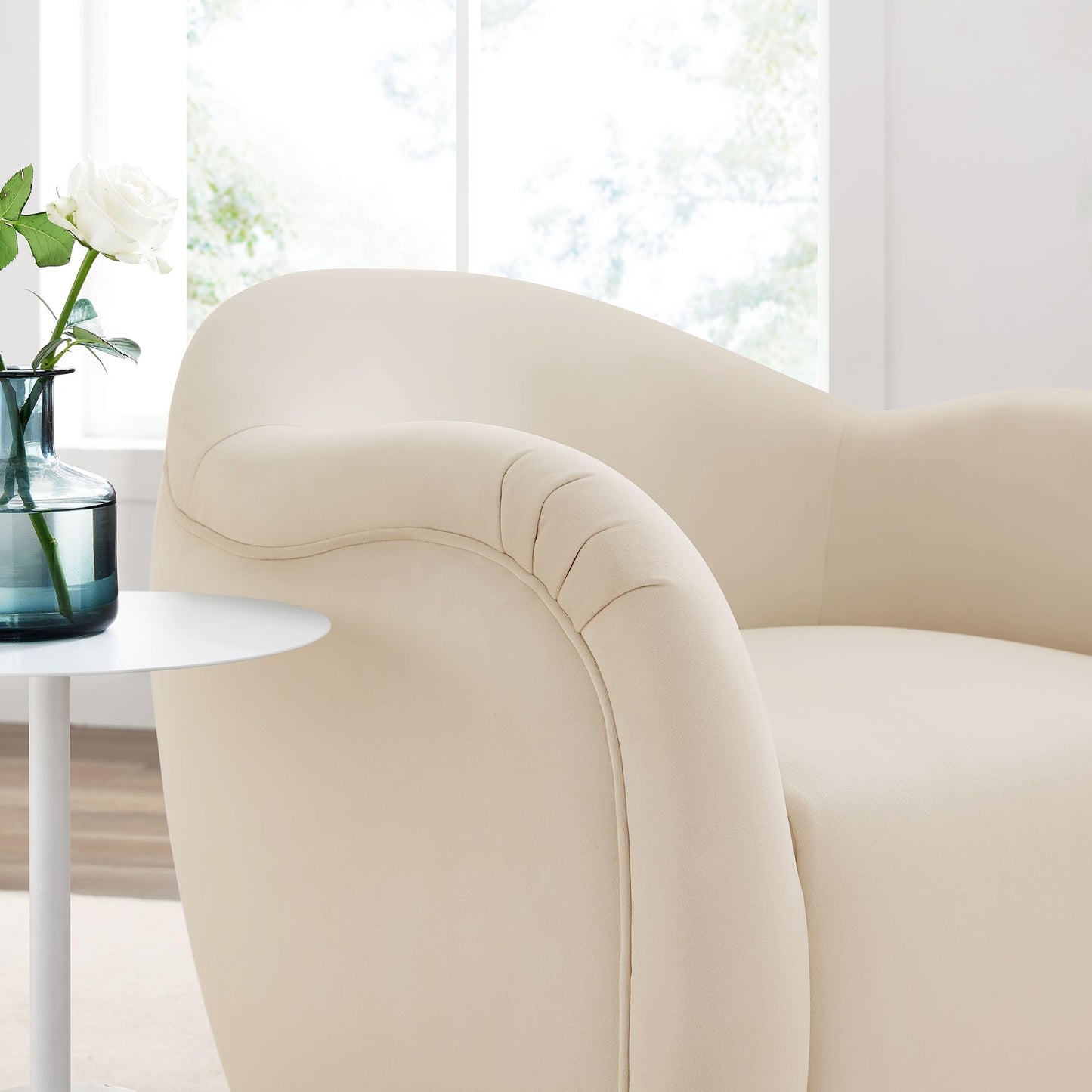 Modway Compose Performance Velvet Swivel Armchair in Alabaster - Barrel Accent Chair - Comfy Round Single Sofa Chair with 360° Rotation - Modern Upholstered Club Chair for Living Room, Bedroom