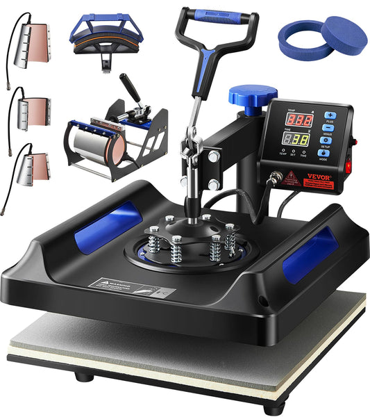 VEVOR 8 in 1 Heat Press Machine 15x15 Inch, 360° Swing Away Shirt Press Machine - Digital Professional Heat Transfer Tshirt Press Machine, Sublimation Heat Press for T Shirts Hat Cap Mug Plate Blue