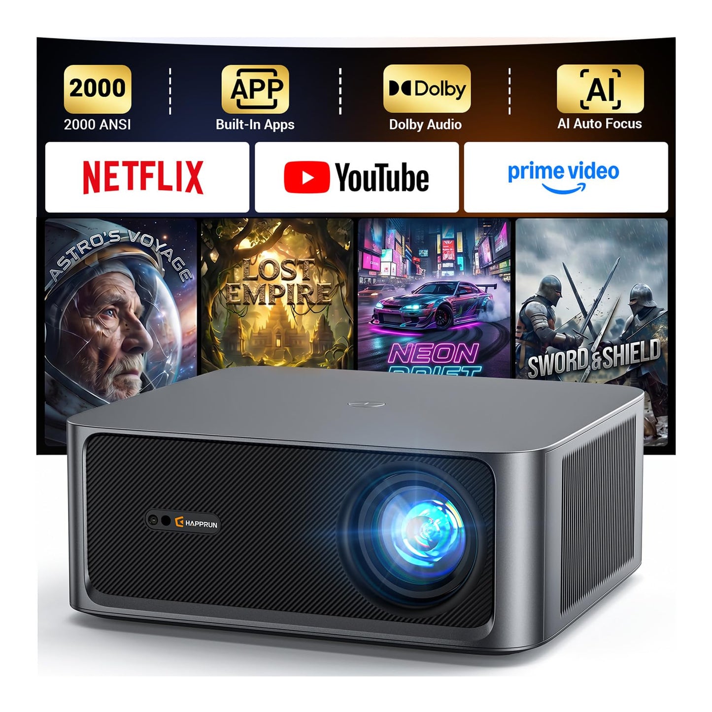 2000 ANSI Lumens Outdoor Projector with Built-in Streaming Apps, HAPPRUN 4K Decoding Movie Home Theater with Auto Focus, Dolby Audio, Wi-Fi Bluetooth, Compatible with Phone & PC, Indoor & Outdoor Use