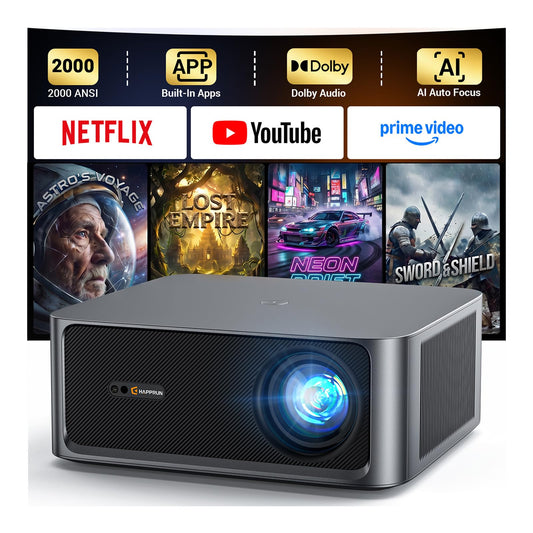2000 ANSI Lumens Outdoor Projector with Built-in Streaming Apps, HAPPRUN 4K Decoding Movie Home Theater with Auto Focus, Dolby Audio, Wi-Fi Bluetooth, Compatible with Phone & PC, Indoor & Outdoor Use