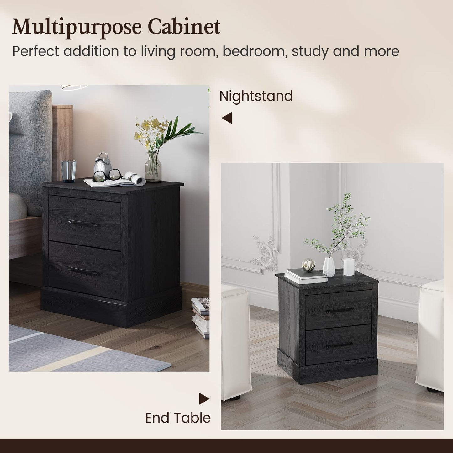 Giantex Farmhouse Nightstand Set of 2, Wood Bedside Table with 2 Storage Drawers, Compact Floor Night Stand End Table, Accent Sofa Side Table for Bedroom, Grey Oak