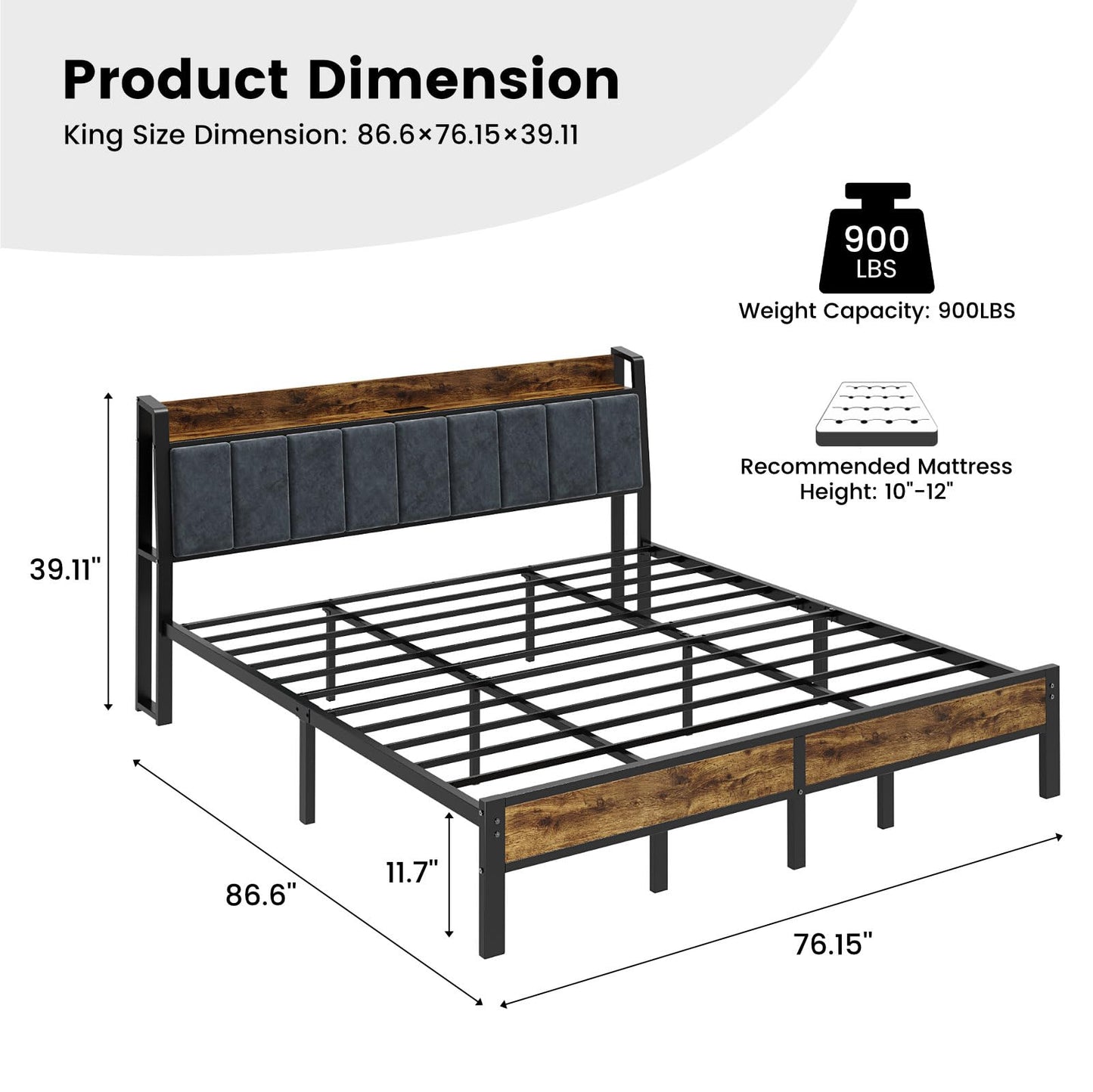 King Size Bed Frame with LED Lights and Charging Station, King Bed Frame with Storage Headboard, Metal Platform Bed with Wood Headboard, Noise Free, No Box Spring Needed, Easy Assembly