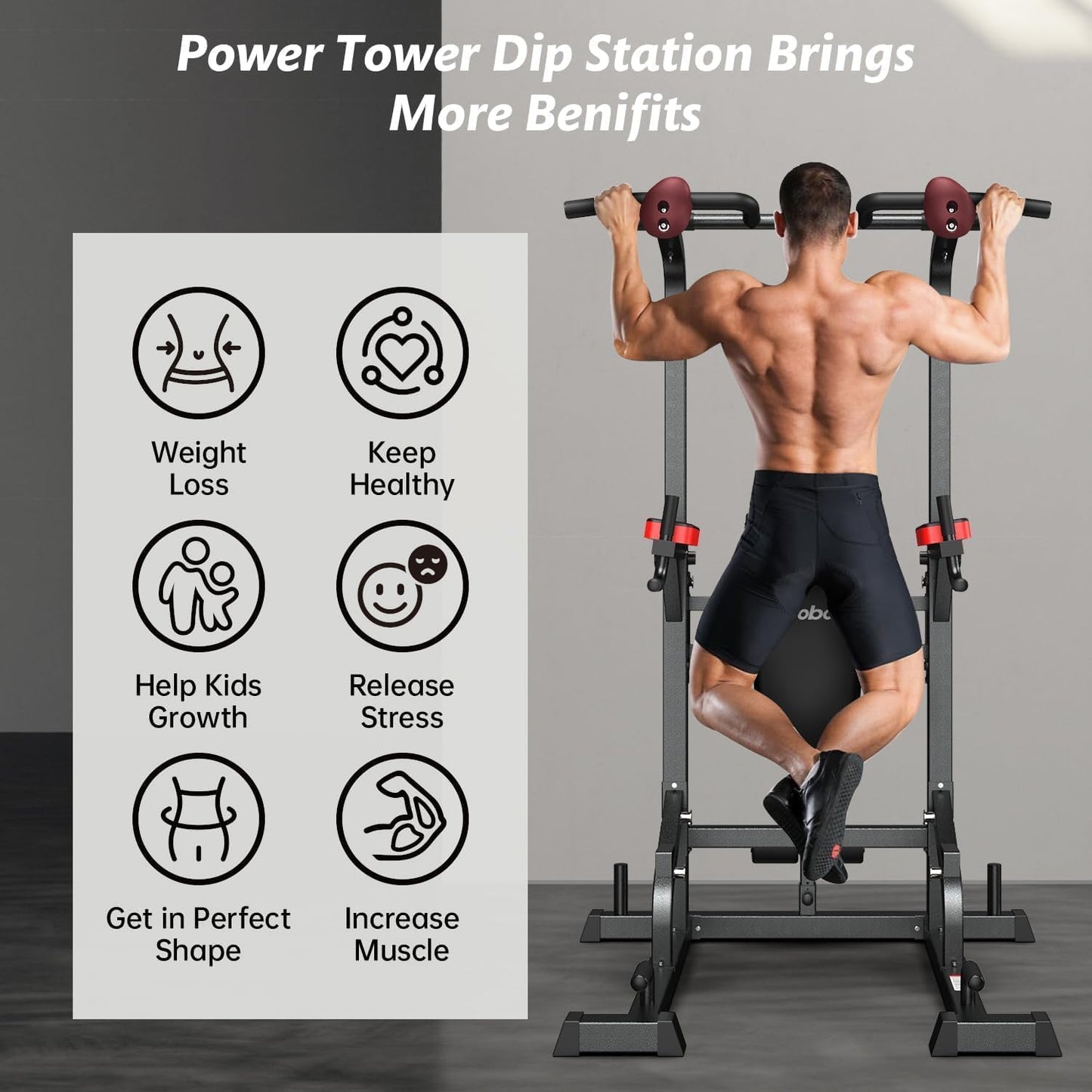 Power Tower Dip Station Pull Up Bar for Fitness Home Gym Workout,Multi-Function Adjustable Height Fitness Strength Training Exercise Equipment,with Power Elastic Ropes