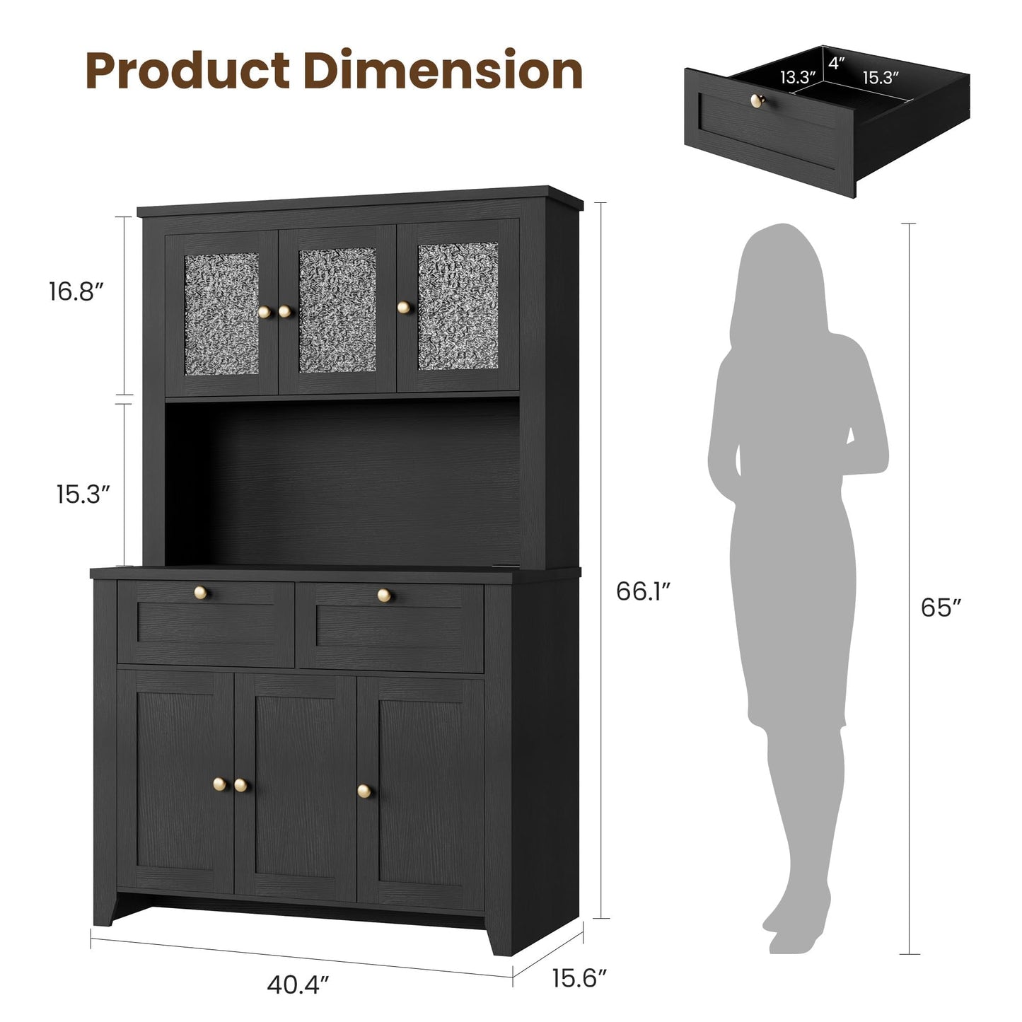 GAOMON 66" Tall Kitchen Pantry Cabinet, Modern Kitchen Hutch with Charging Station, Large Coffee Bar Storage Cabinet with Glass Doors and Drawers, Black