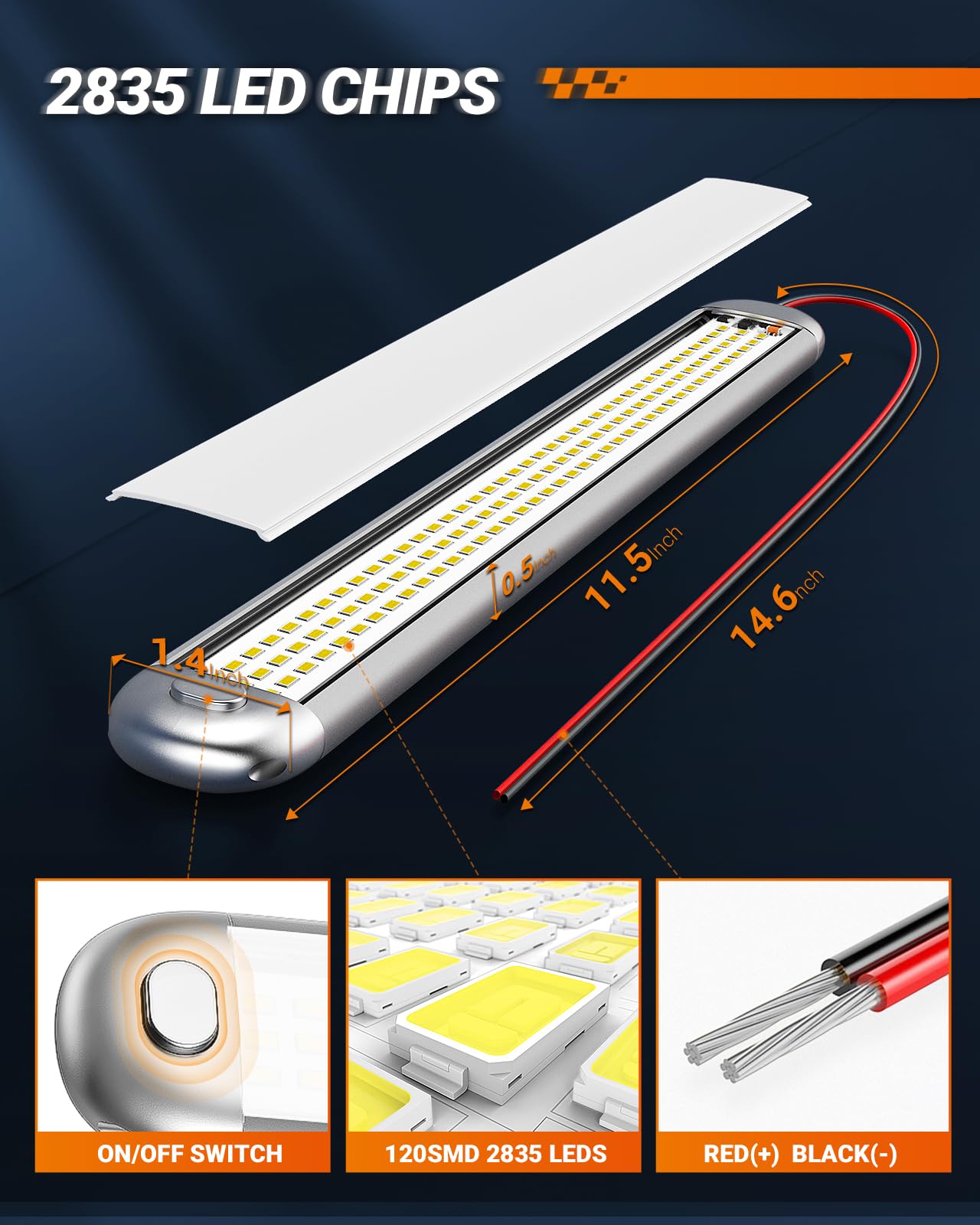 SEALIGHT 12V LED Interior Light Bar, 1500LM, 8W, Aluminum, White, Pack of 4
