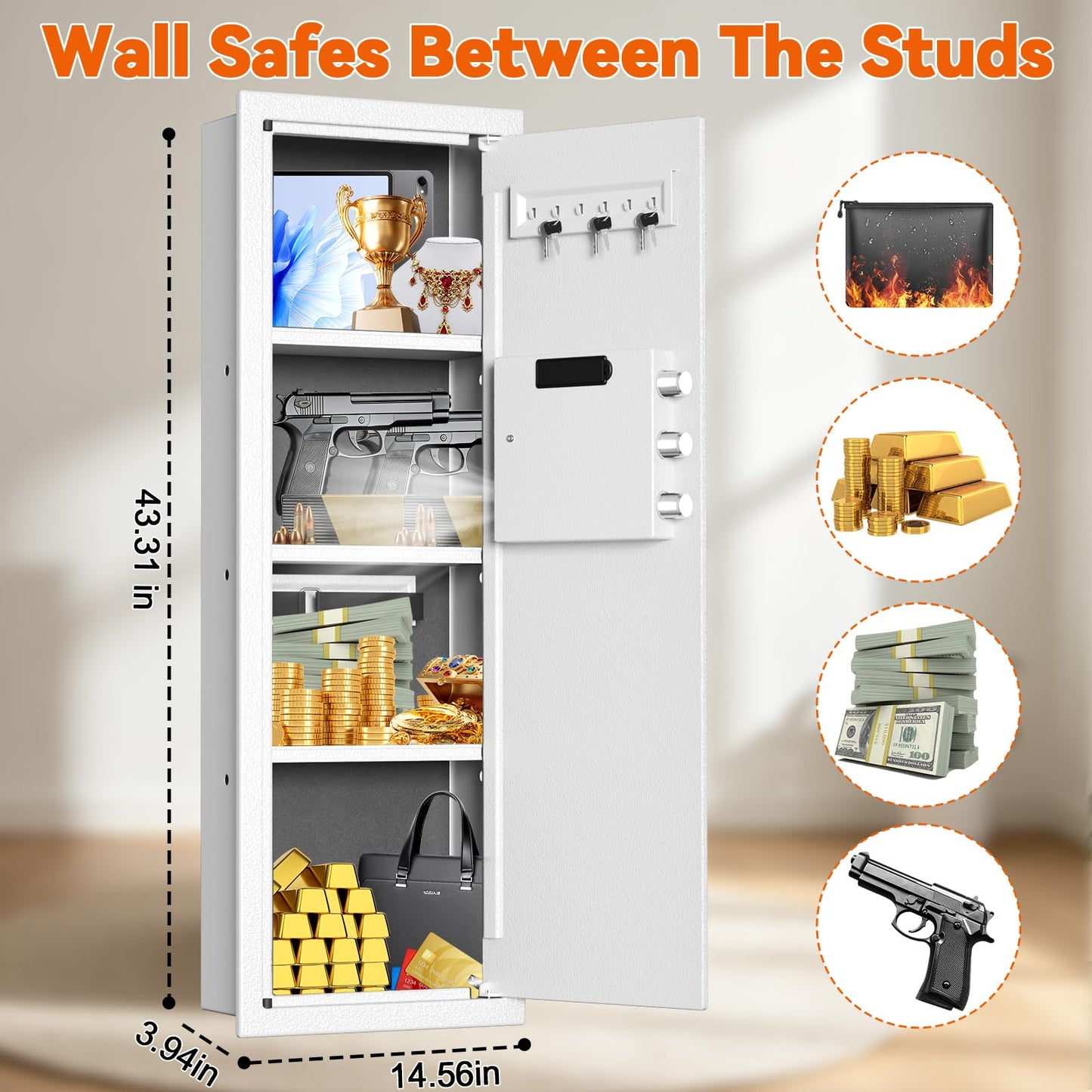 Heavy Duty Fireproof Wall Safes Between the Studs, Extra Large Fire Security Wall Safe with Digital Keypad lock and 3 Removable Shelf, Wall Rifle Safe Fireproof for Home, Gun, Cash, Documents, Jewelry