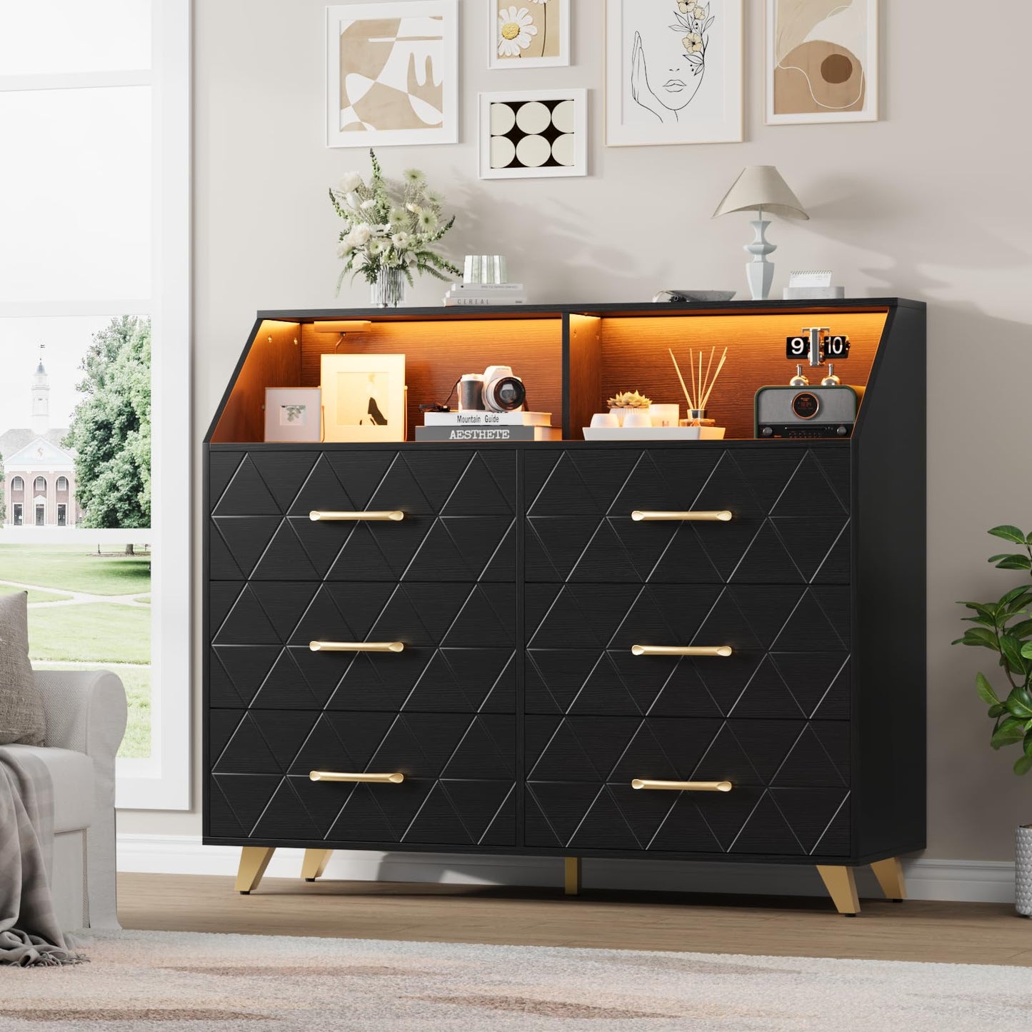 Garvee Modern Black 6 Drawer Dresser with LED Lights & Charging Station – Wide Wooden Entryway Storage Cabinet – Sturdy Metal Legs – TV Stand with Storage Shelf for Bedroom, Hallway – Black
