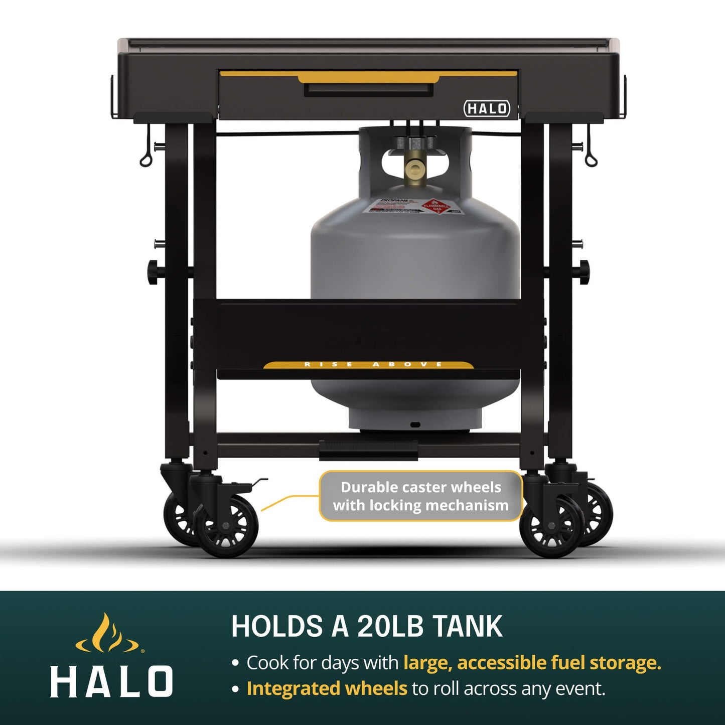 HALO Outdoor Countertop Cart | Prep Station or Griddle/Oven Cooking Surface | Collapsible, Portable, Tool Hooks and Propane Storage | HO-1006-XNA