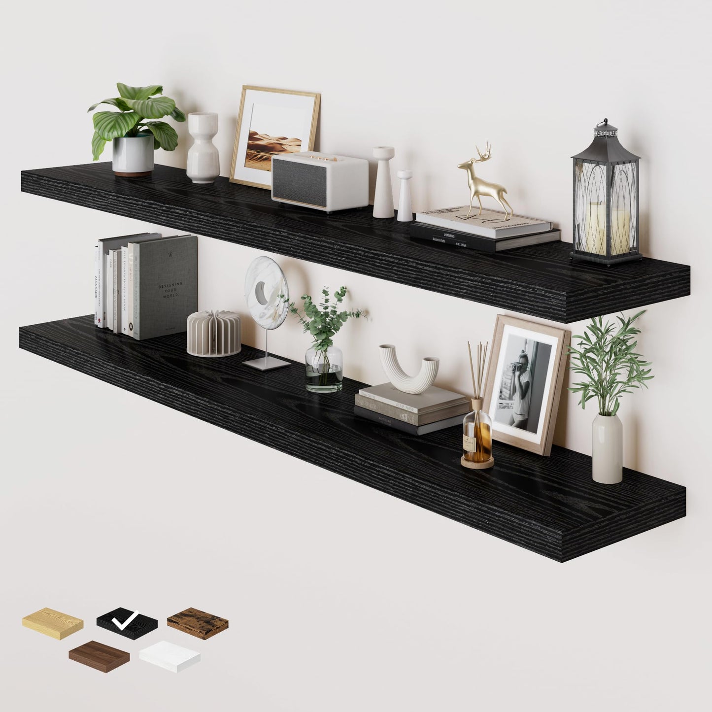 RICHFOCUS 72 Inch 12" D Floating Shelves for Wall 2 Pack Long Wall Shelves for Room Wall|Large Wood Hanging Shelf with Invisible Brackets for Bathroom Bedroom Kitchen Laundry Room, Black