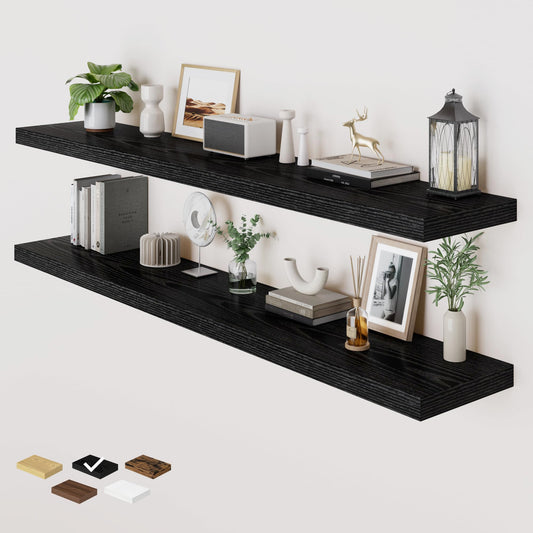 RICHFOCUS 72 Inch 12" D Floating Shelves for Wall 2 Pack Long Wall Shelves for Room Wall|Large Wood Hanging Shelf with Invisible Brackets for Bathroom Bedroom Kitchen Laundry Room, Black
