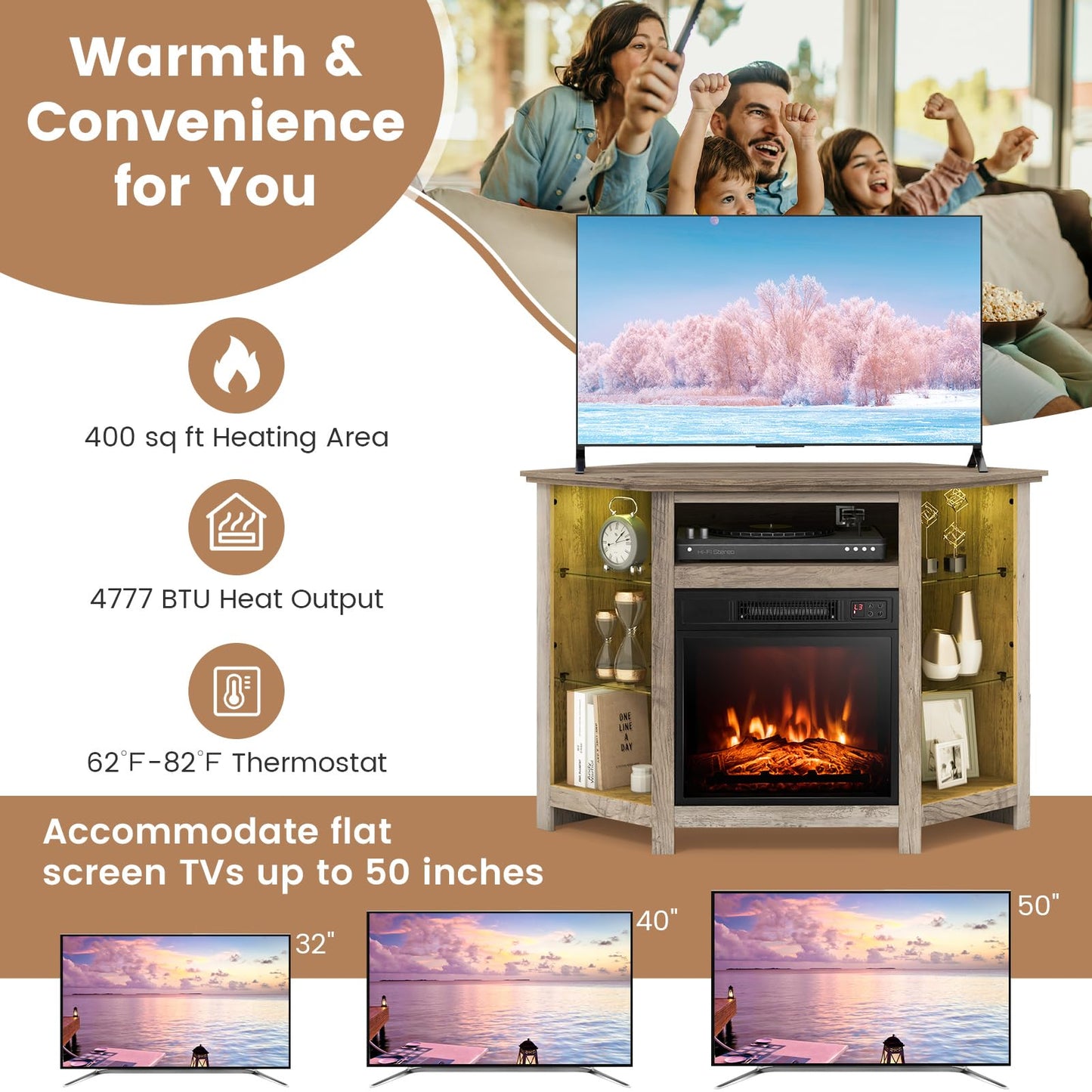 CLEEMAN Fireplace Corner TV Stand, Entertainment Center for 50 Inch TV w/LED Lights Adjustable Shelves Overheat Protection Remote/APP Control, TV Console w/Built-in Electric Fireplace (Grey)