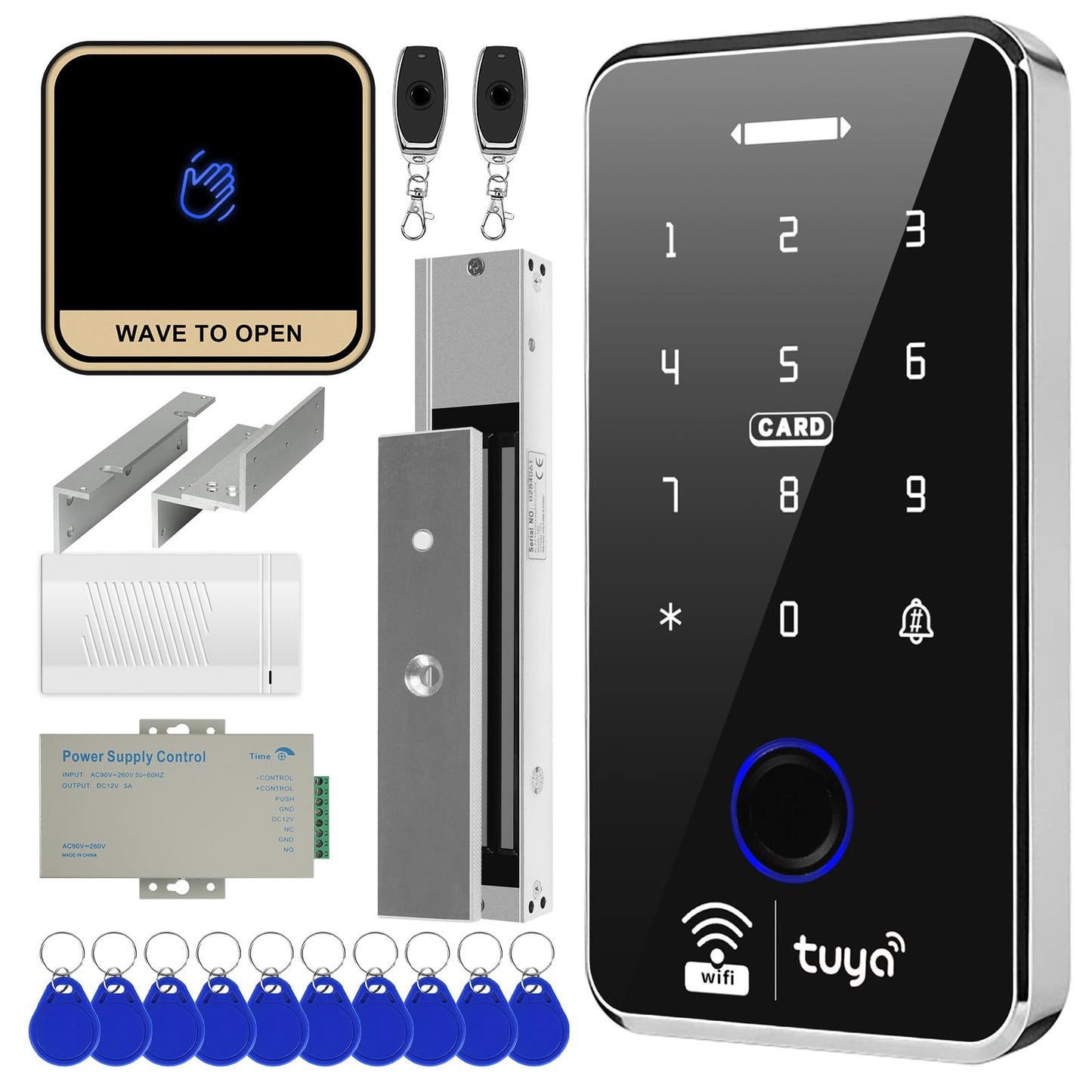 XYBkey WiFi TUYA Security Access Control System Kit: Waterproof, Fingerprint, Password, RFID Keyboard Lock, 600lb Magnetic Lock + ZL Bracket, Smart Remote Door Opener, App WG26 Doorbell, Sensor Switch