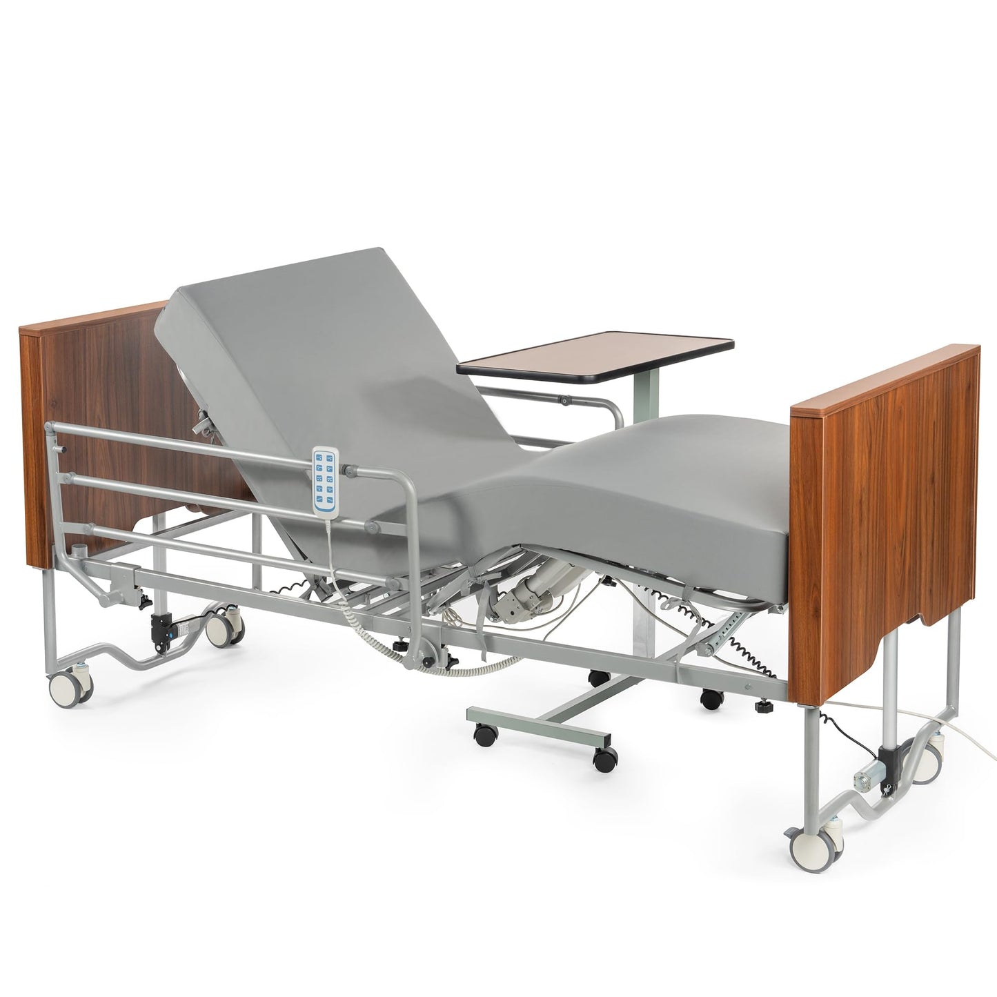 Real Relax 5 Function Full Electric Hospital Bed, Ultra Low Electric Medical Bed with Movable Dining Table, 6" Foam Mattress, 5" Locking Casters, for Home Use, Includes headboard and Footboard Covers